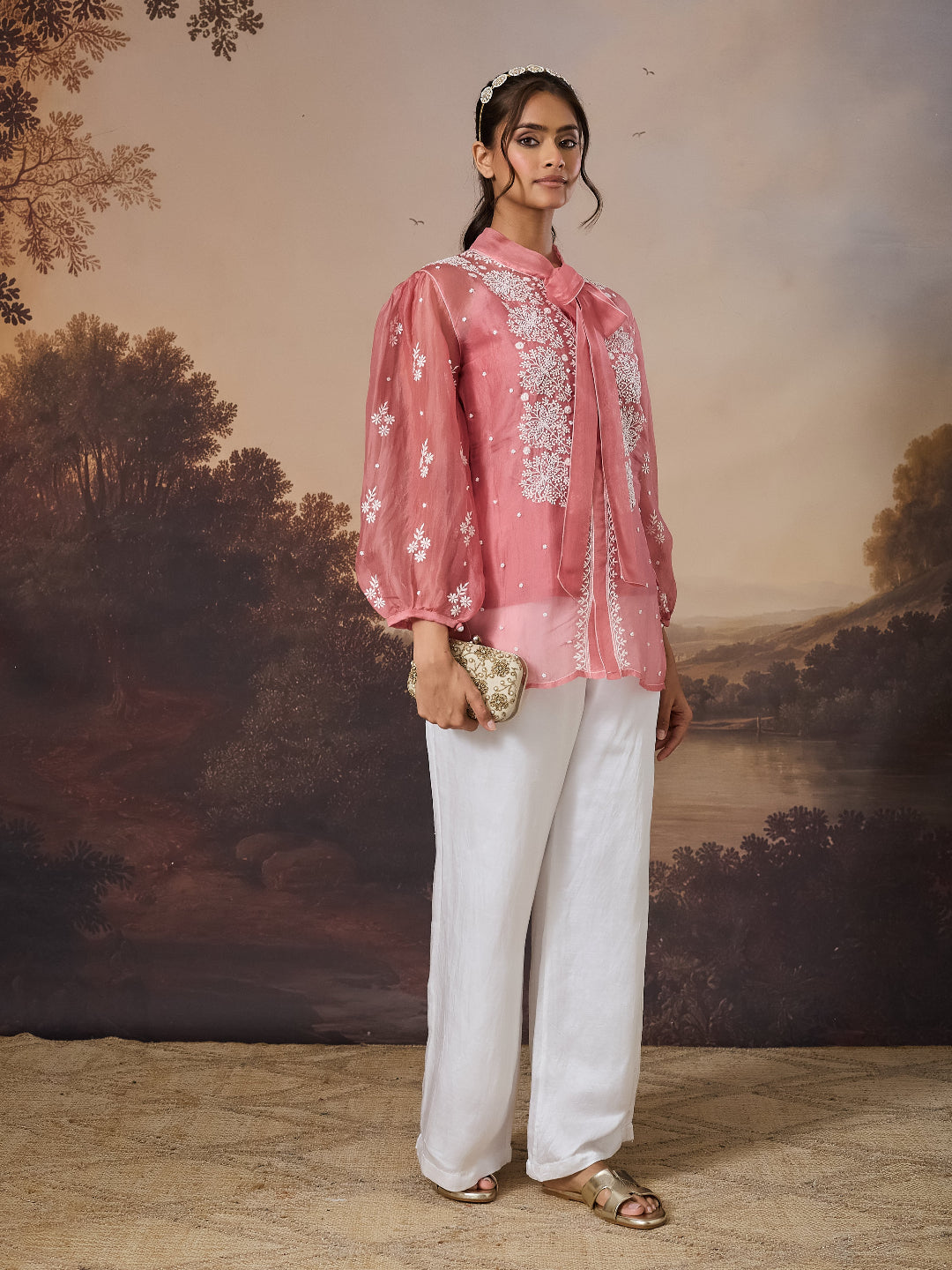 RIFA CHIKANKARI ORGANZA PEACH TOP