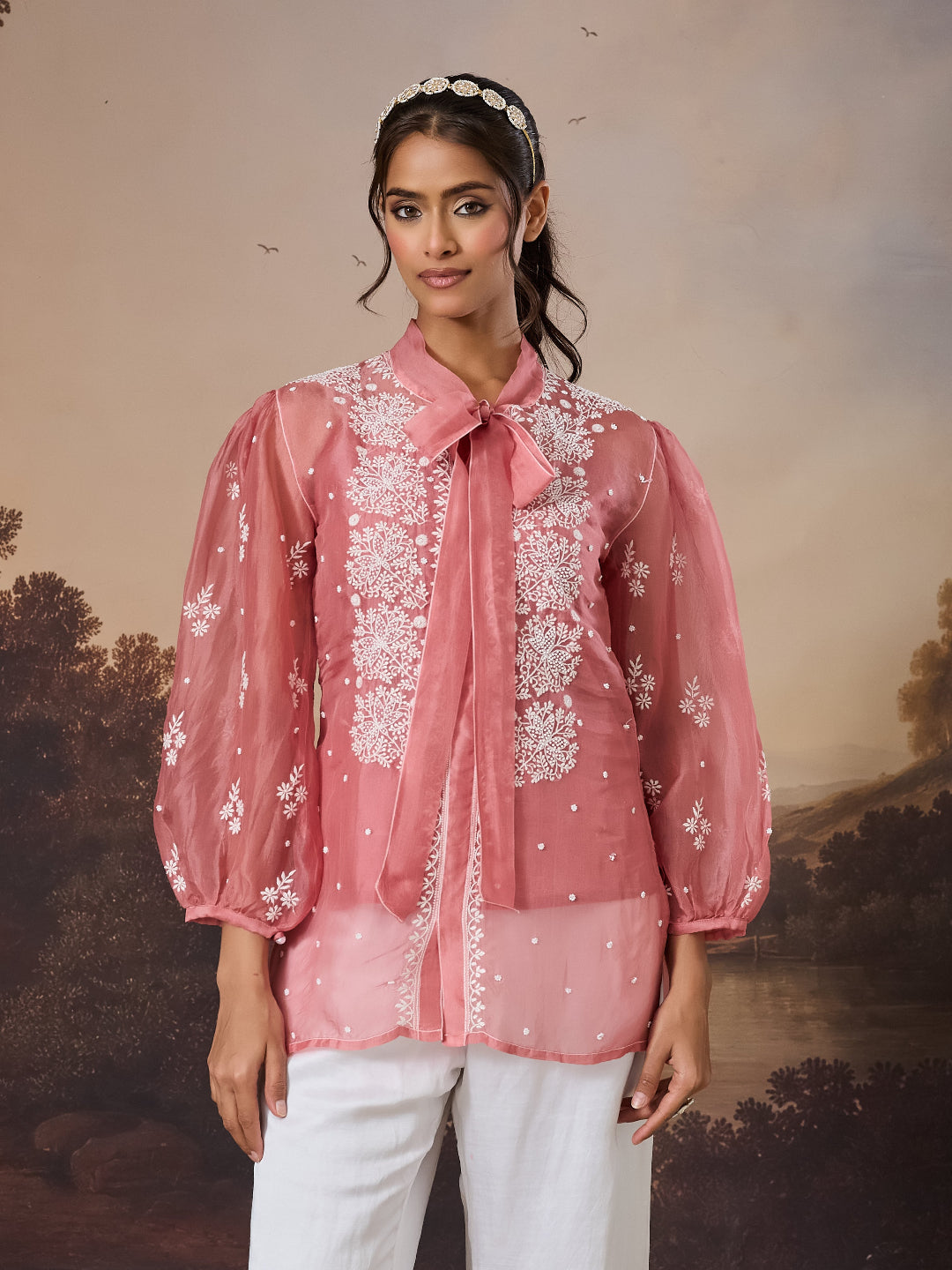 RIFA CHIKANKARI ORGANZA PEACH TOP