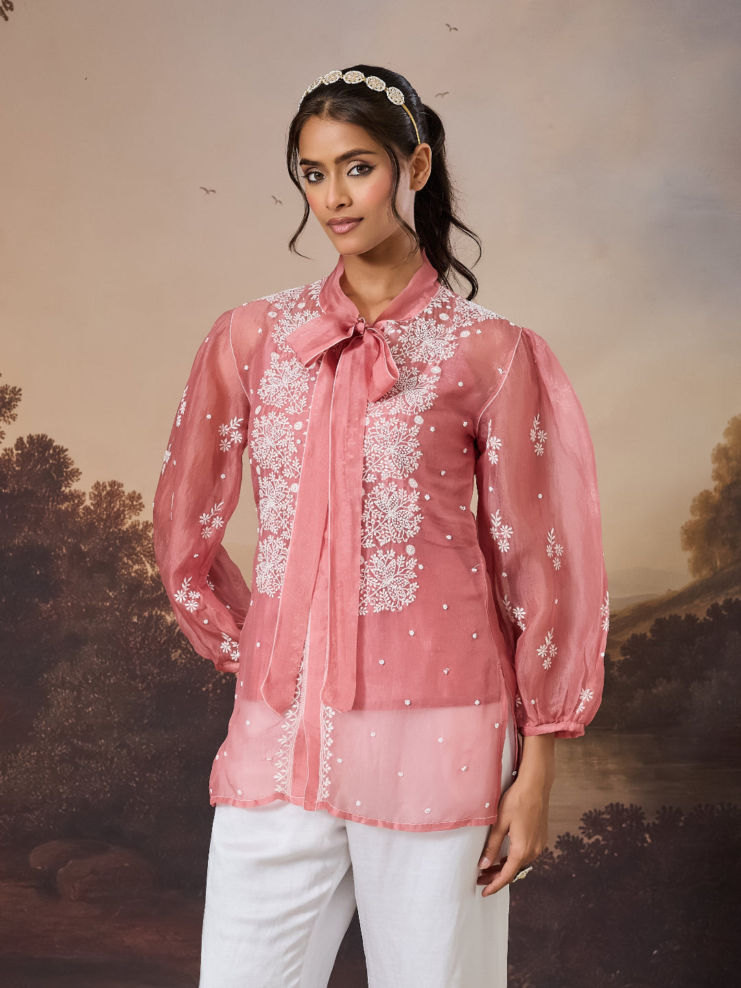 RIFA CHIKANKARI ORGANZA PEACH TOP