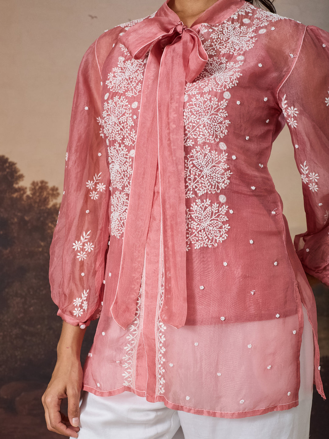 RIFA CHIKANKARI ORGANZA PEACH TOP