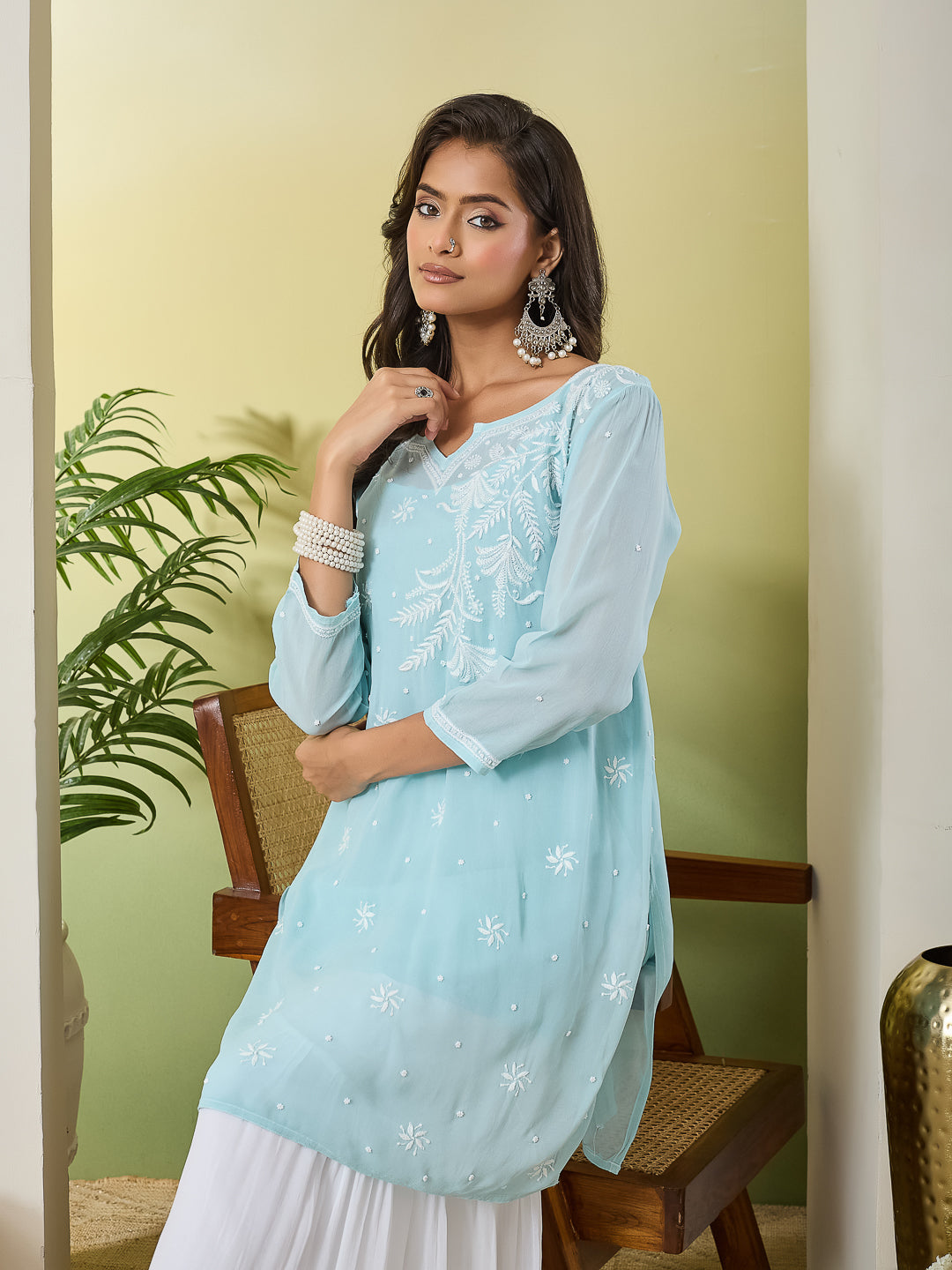 GULMOHAR CHIKANKARI SEA GREEN GEORGETTE TOP