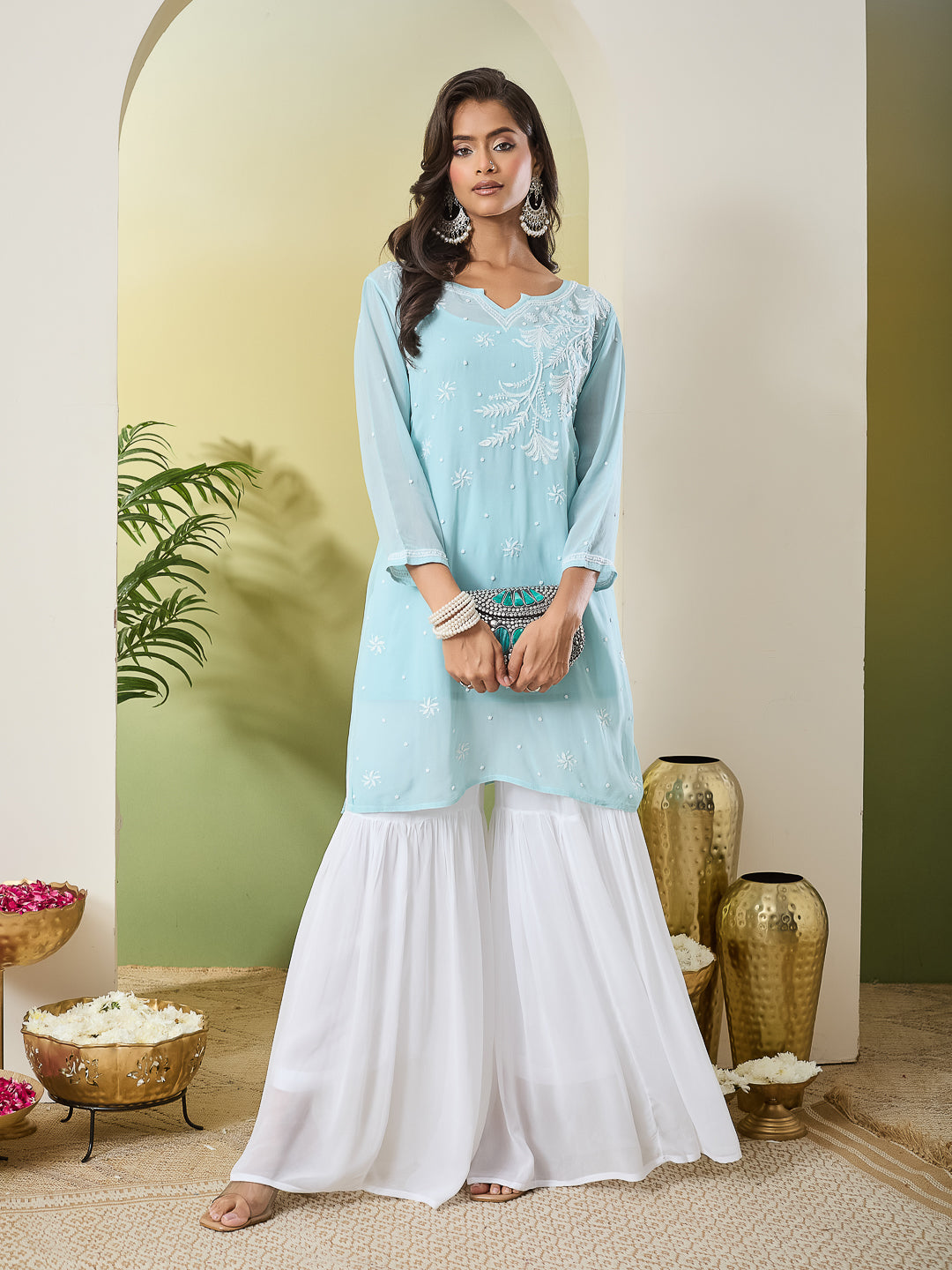GULMOHAR CHIKANKARI SEA GREEN GEORGETTE TOP