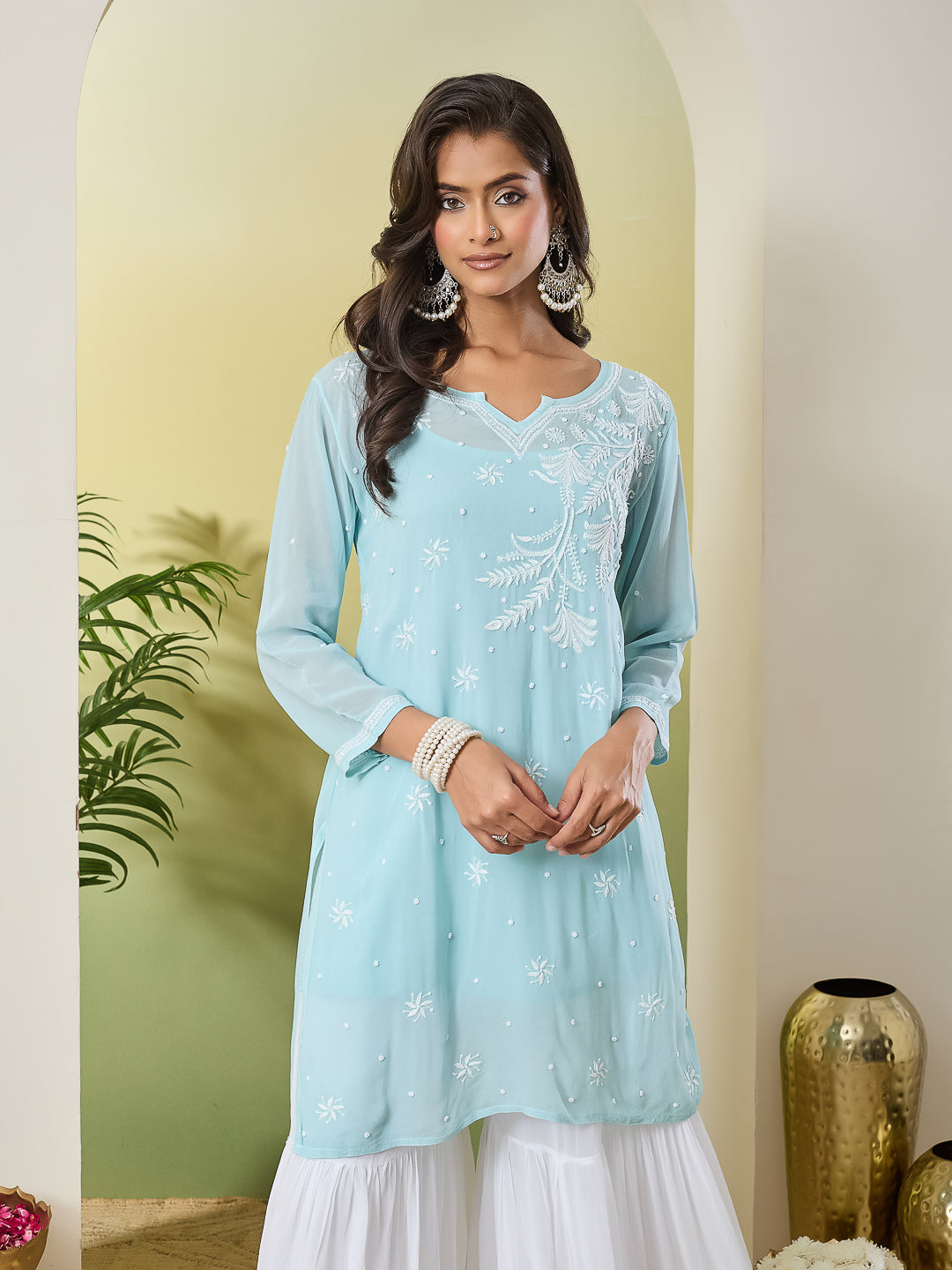 GULMOHAR CHIKANKARI SEA GREEN GEORGETTE TOP