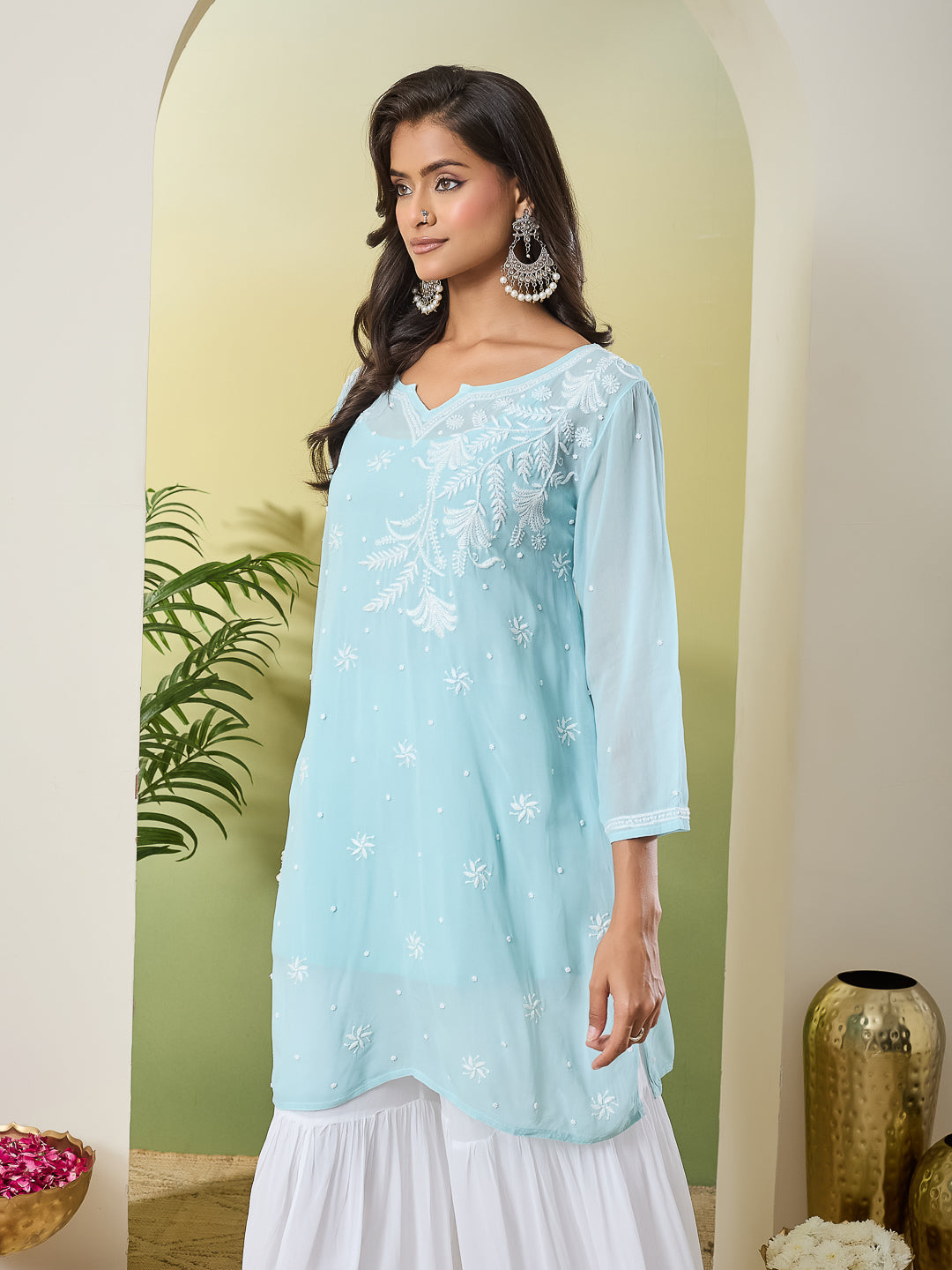 GULMOHAR CHIKANKARI SEA GREEN GEORGETTE TOP