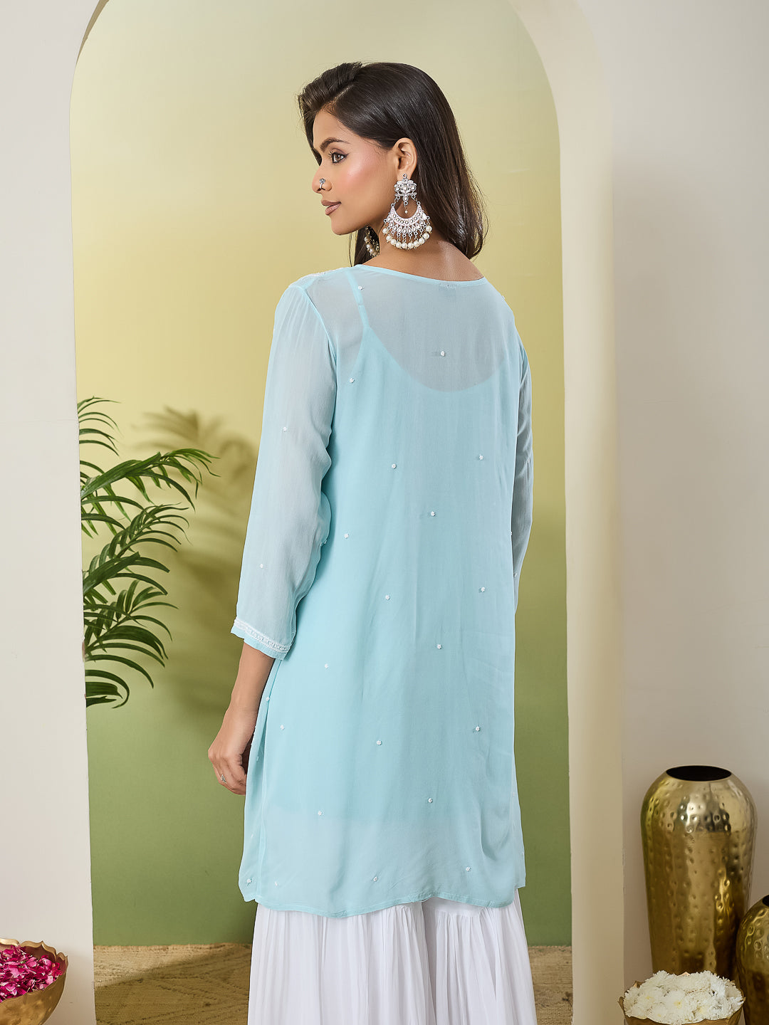 GULMOHAR CHIKANKARI SEA GREEN GEORGETTE TOP