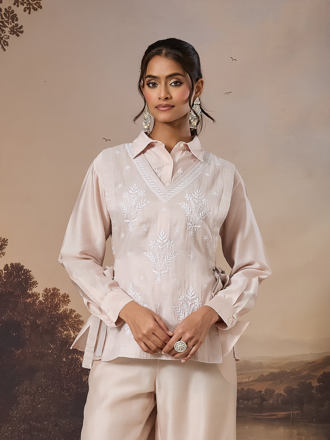 MIRAAL CHIKANKARI TISSUE ROSE GOLD BIB TOP
