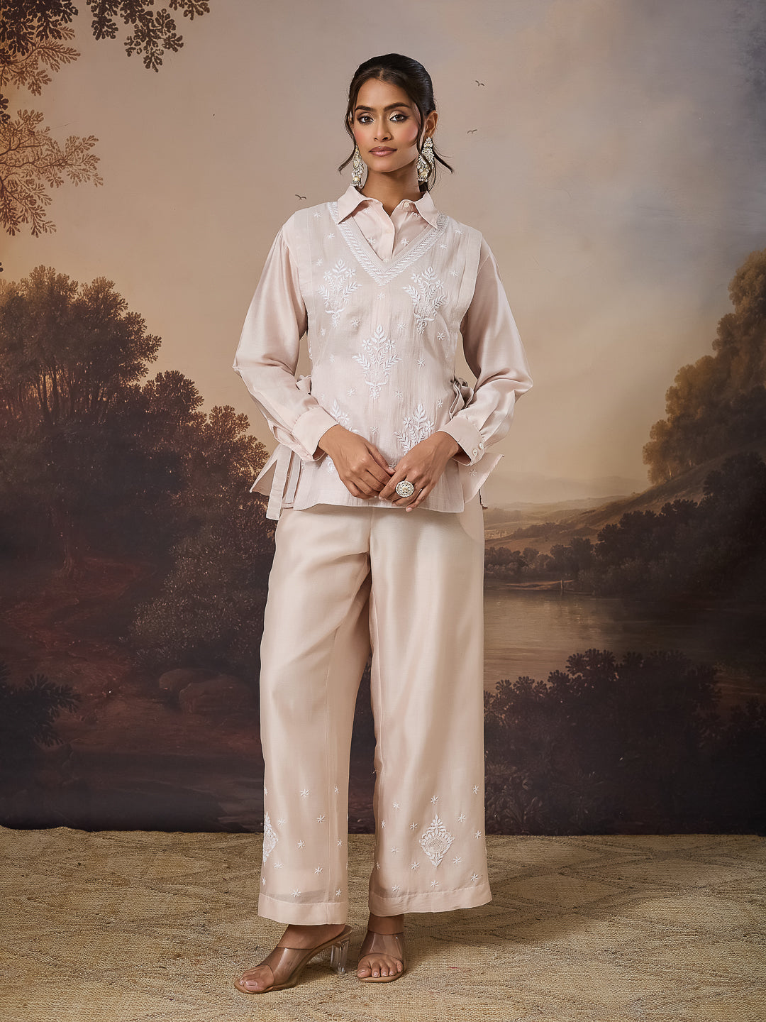 MIRAAL CHIKANKARI TISSUE ROSE GOLD BIB TOP