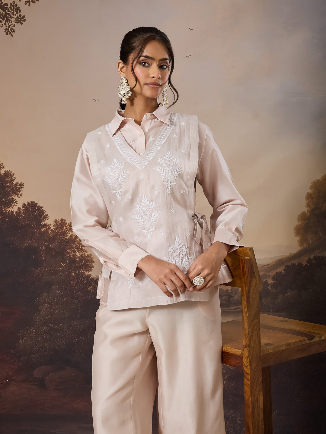 MIRAAL CHIKANKARI TISSUE ROSE GOLD BIB TOP