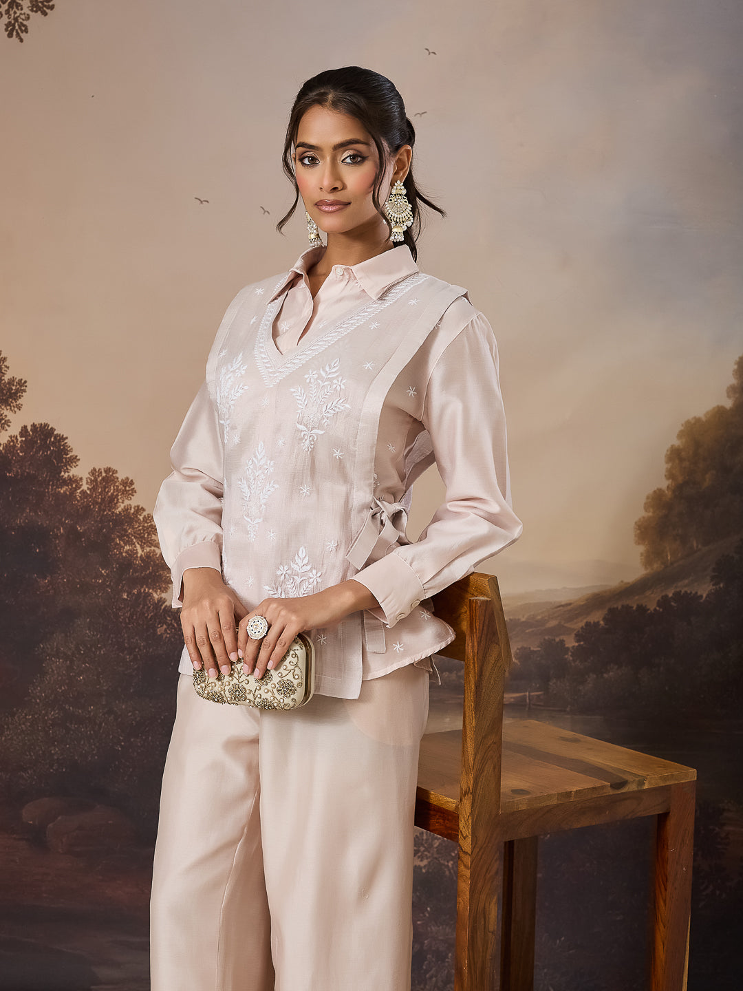 MIRAAL CHIKANKARI TISSUE ROSE GOLD BIB TOP