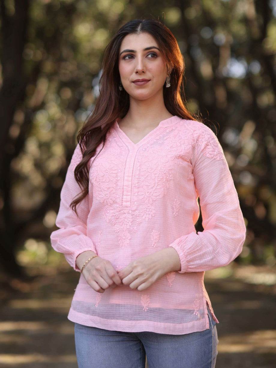 MEHR Chikankari Kota Raglan Top - KRI CHIKANKARI