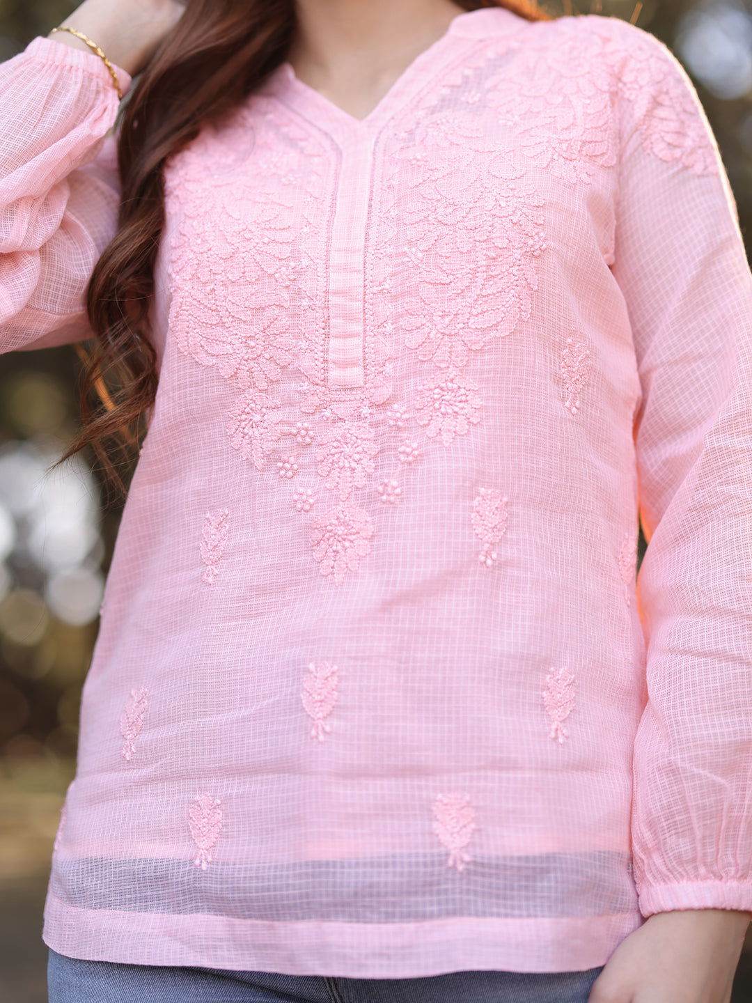 MEHR Chikankari Kota Raglan Top - KRI CHIKANKARI