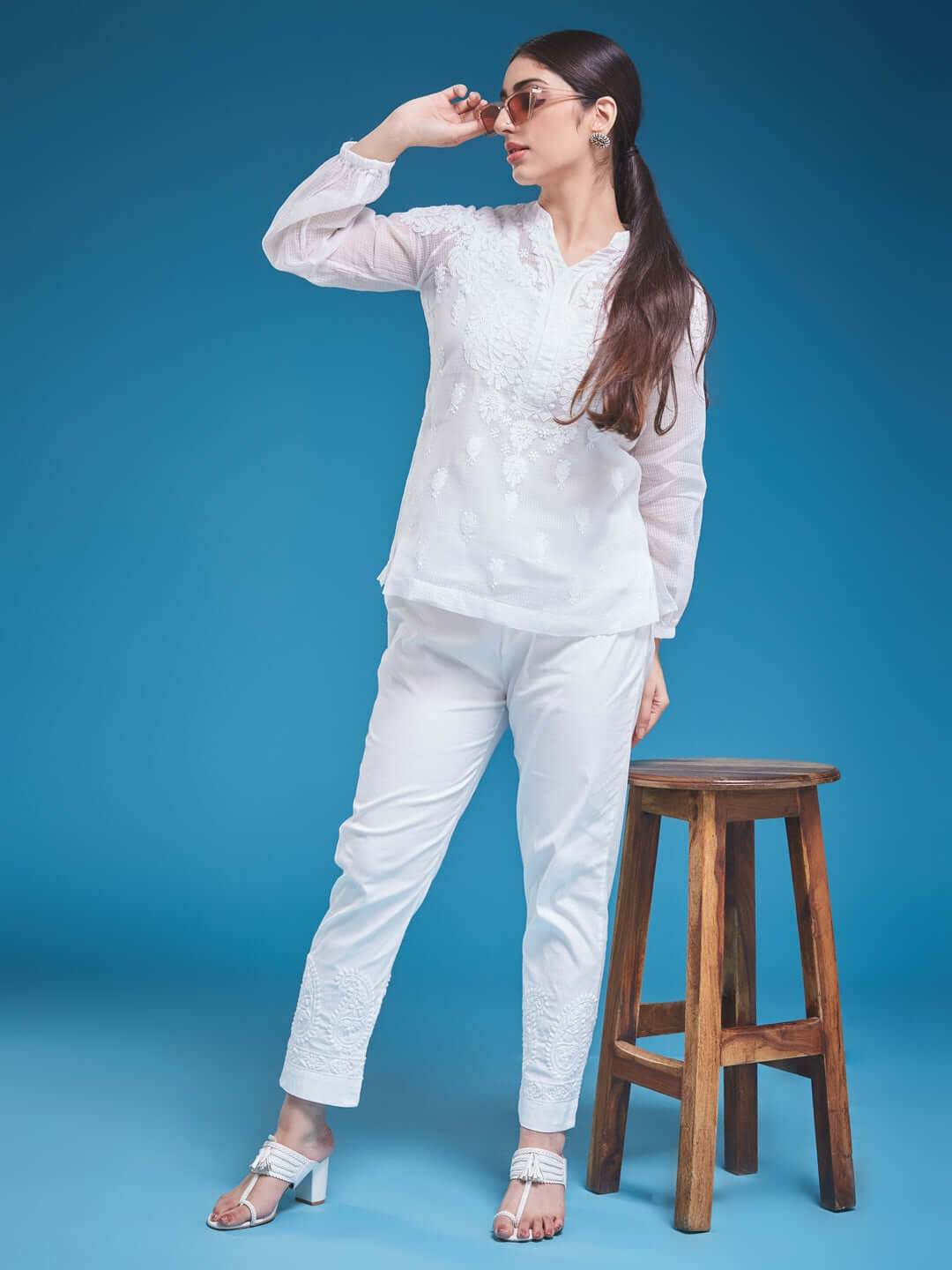 MEHR Chikankari Kota Raglan Top - KRI CHIKANKARI