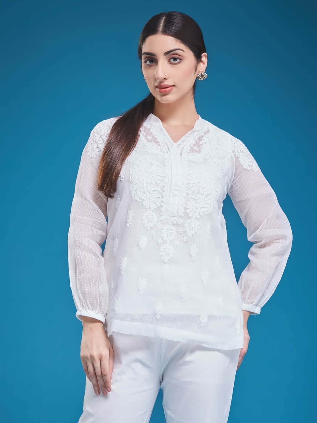 MEHR Chikankari Kota Raglan Top - KRI CHIKANKARI