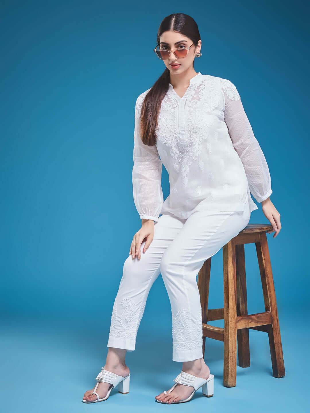 MEHR Chikankari Kota Raglan Top - KRI CHIKANKARI