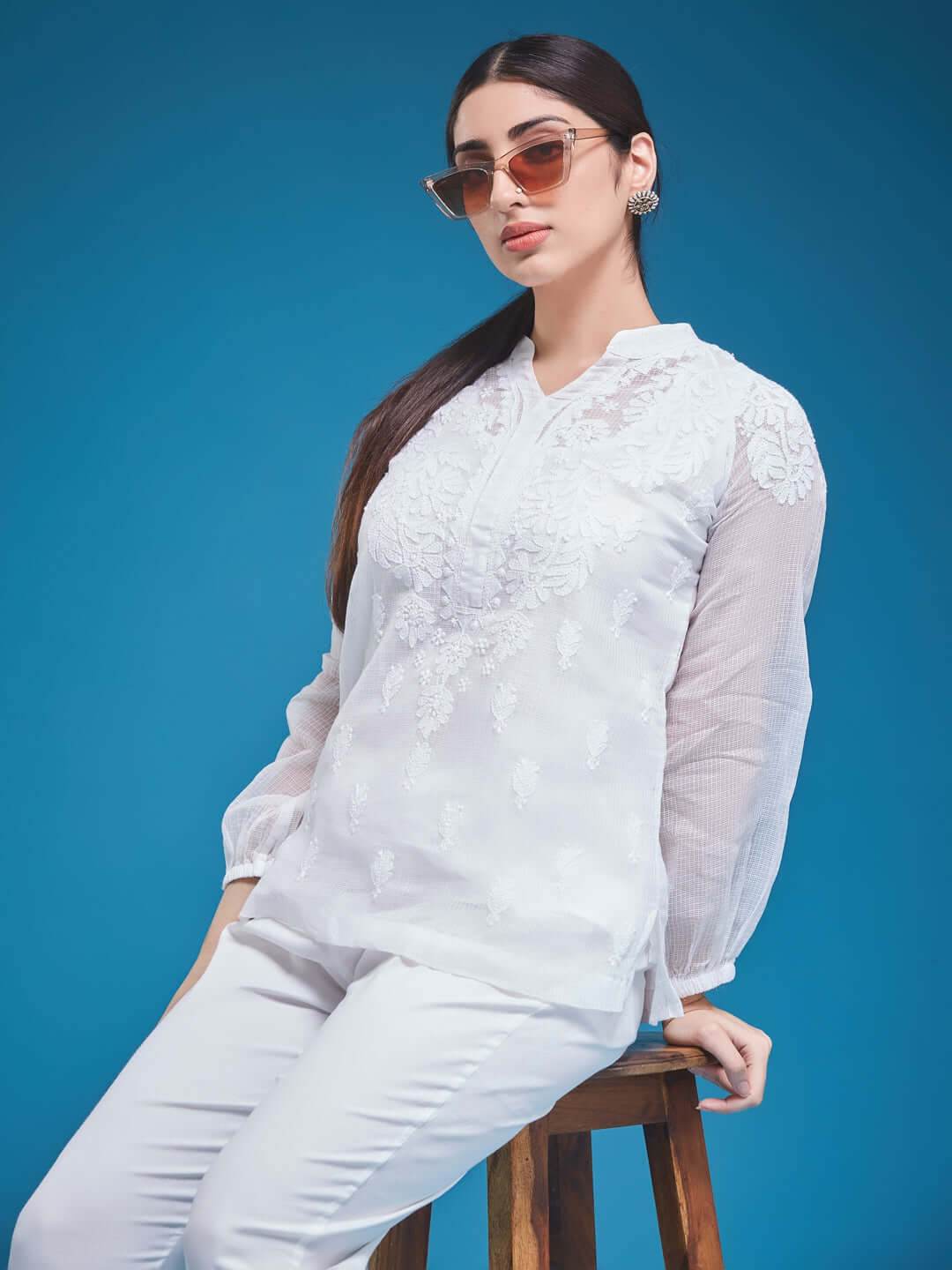 MEHR Chikankari Kota Raglan Top - KRI CHIKANKARI