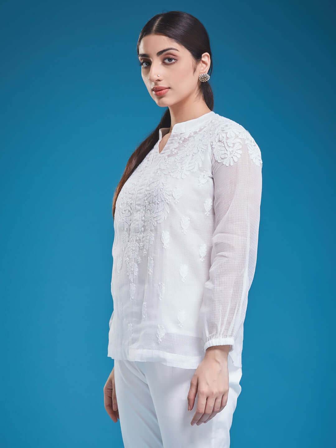MEHR Chikankari Kota Raglan Top - KRI CHIKANKARI