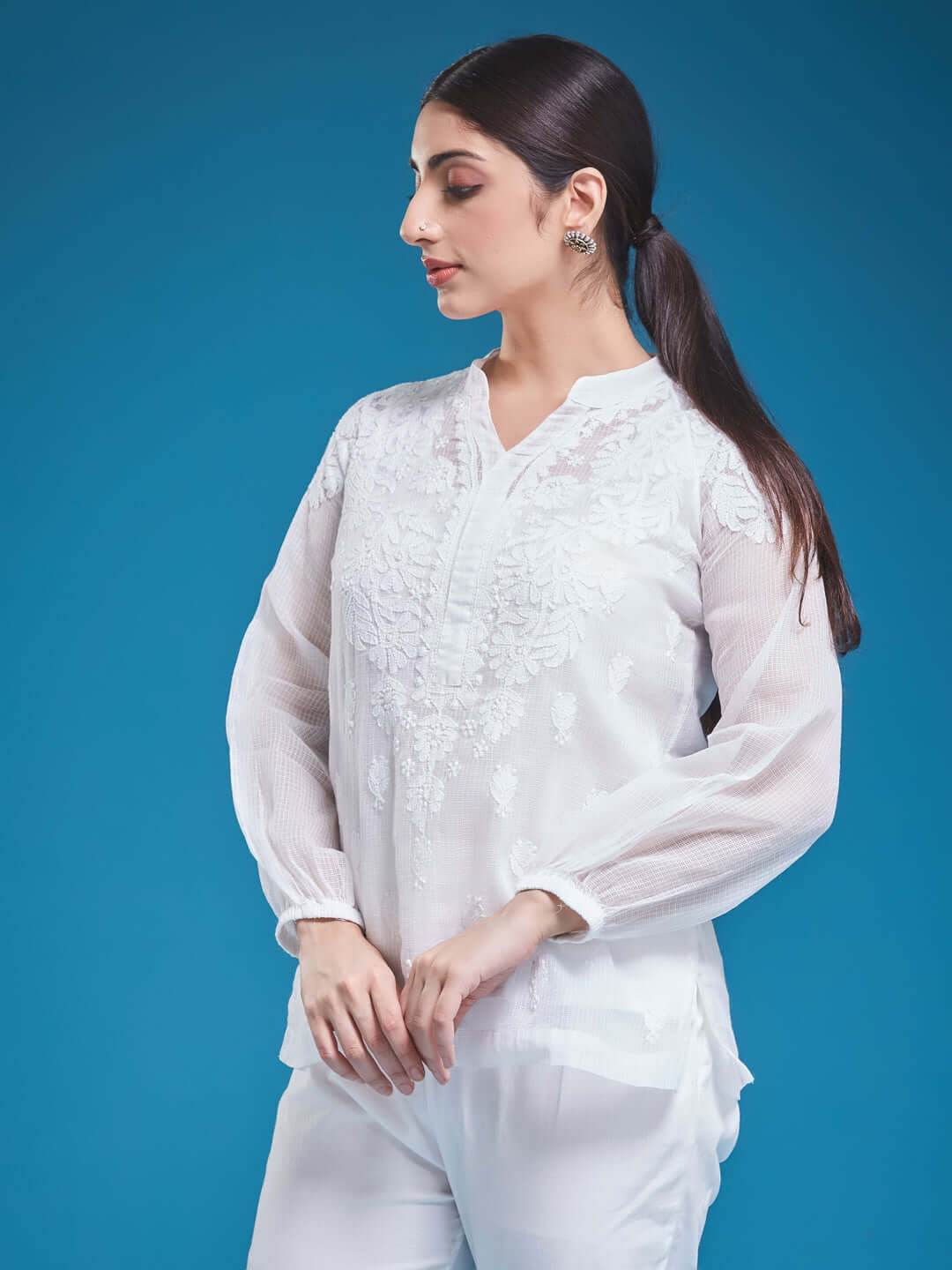 MEHR Chikankari Kota Raglan Top - KRI CHIKANKARI