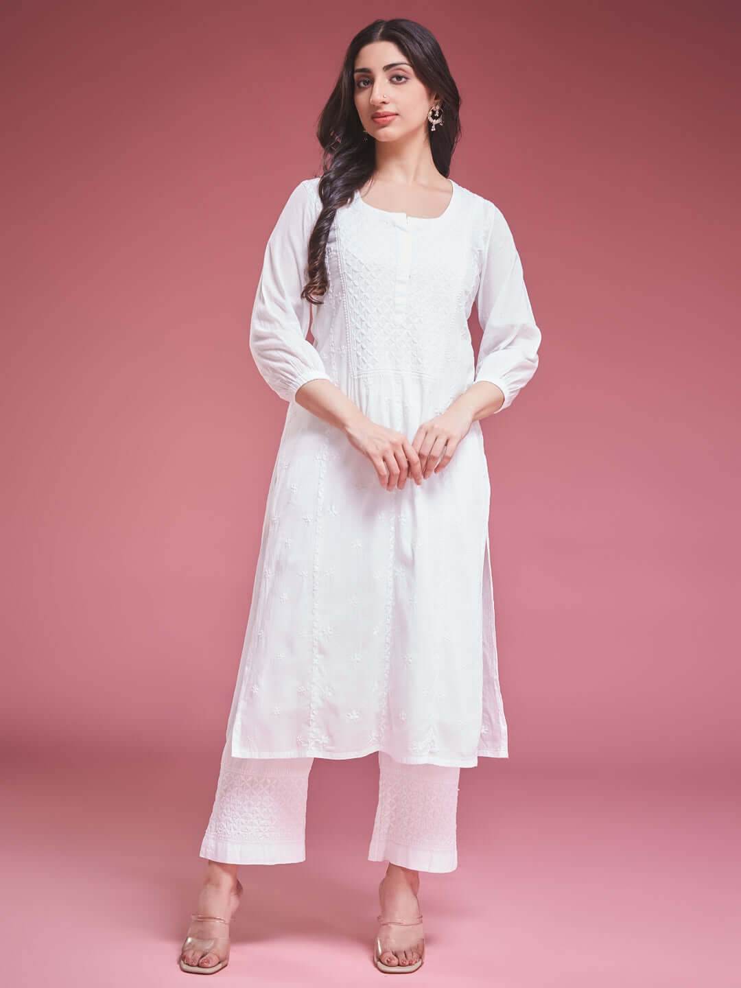NARMA Chikankari Mul White Coord Set - KRI CHIKANKARI