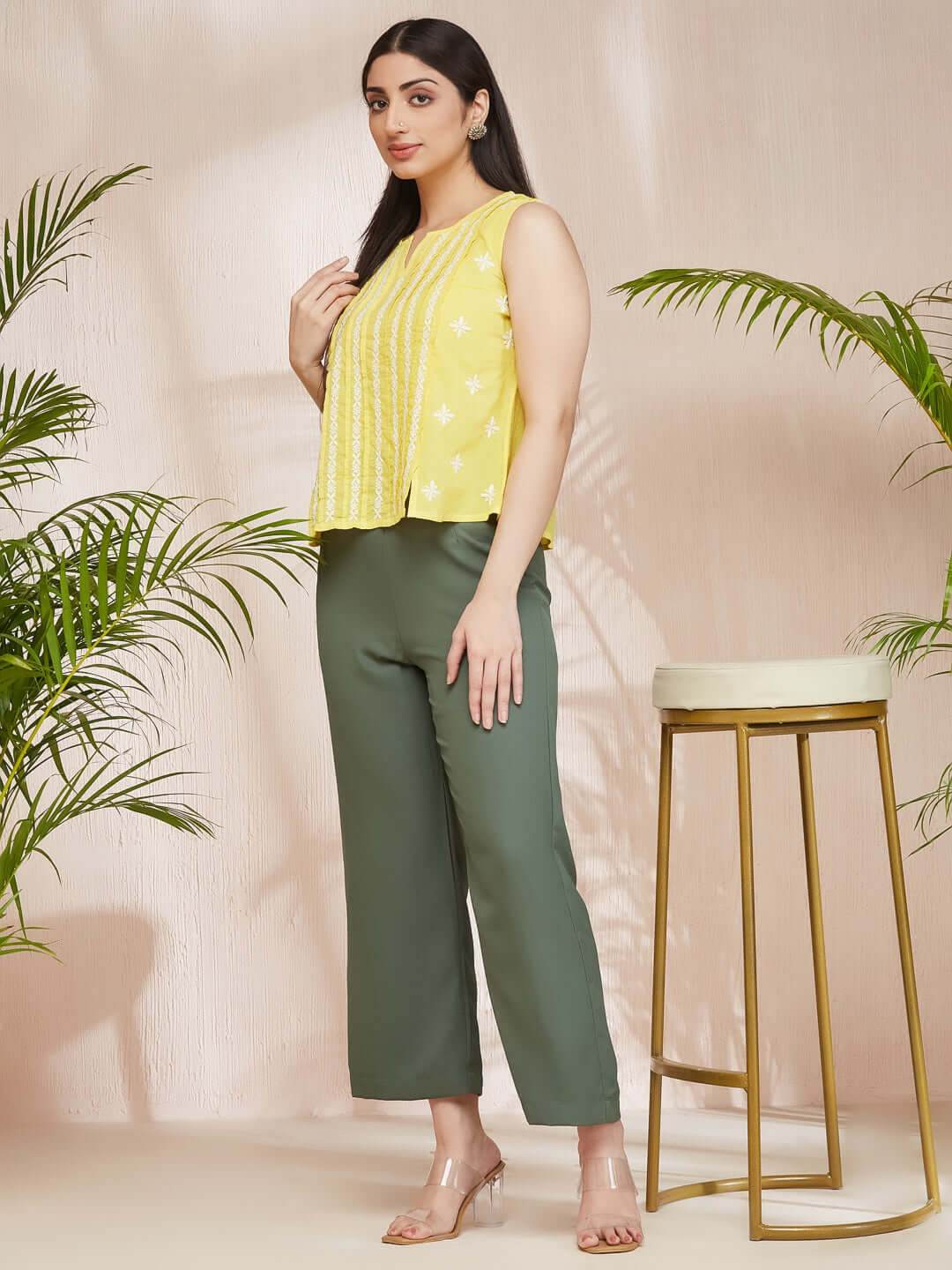 RAAHAT Chikankari Cotton Sleeveless Top - KRI CHIKANKARI