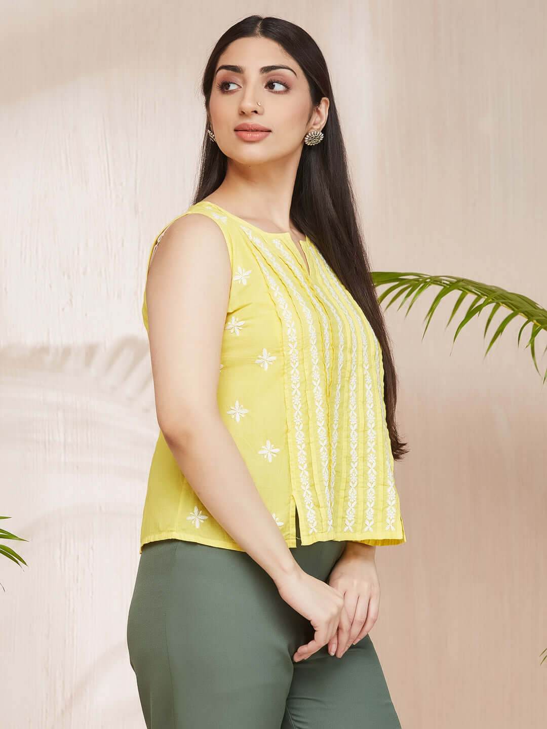 RAAHAT Chikankari Cotton Sleeveless Top - KRI CHIKANKARI