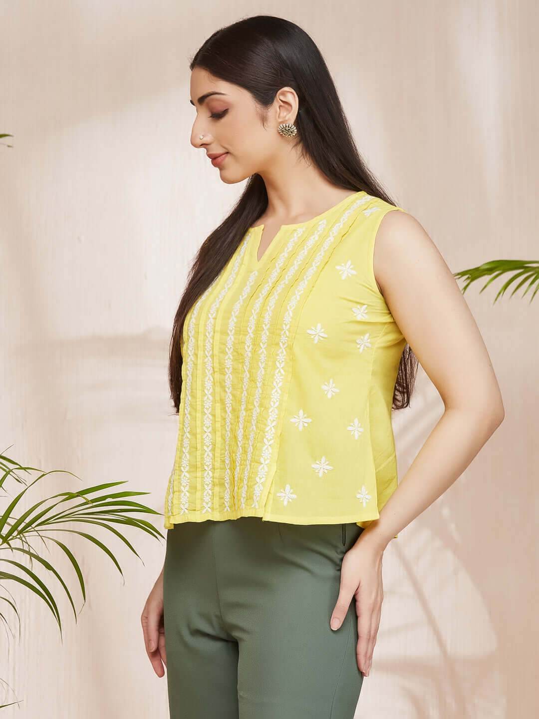 RAAHAT Chikankari Cotton Sleeveless Top - KRI CHIKANKARI