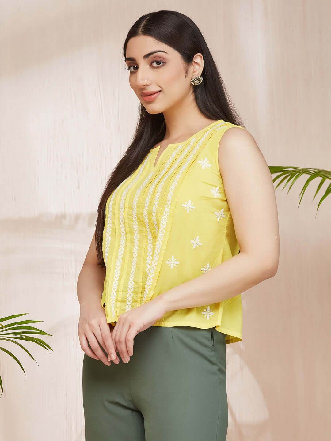 RAAHAT Chikankari Cotton Sleeveless Top - KRI CHIKANKARI