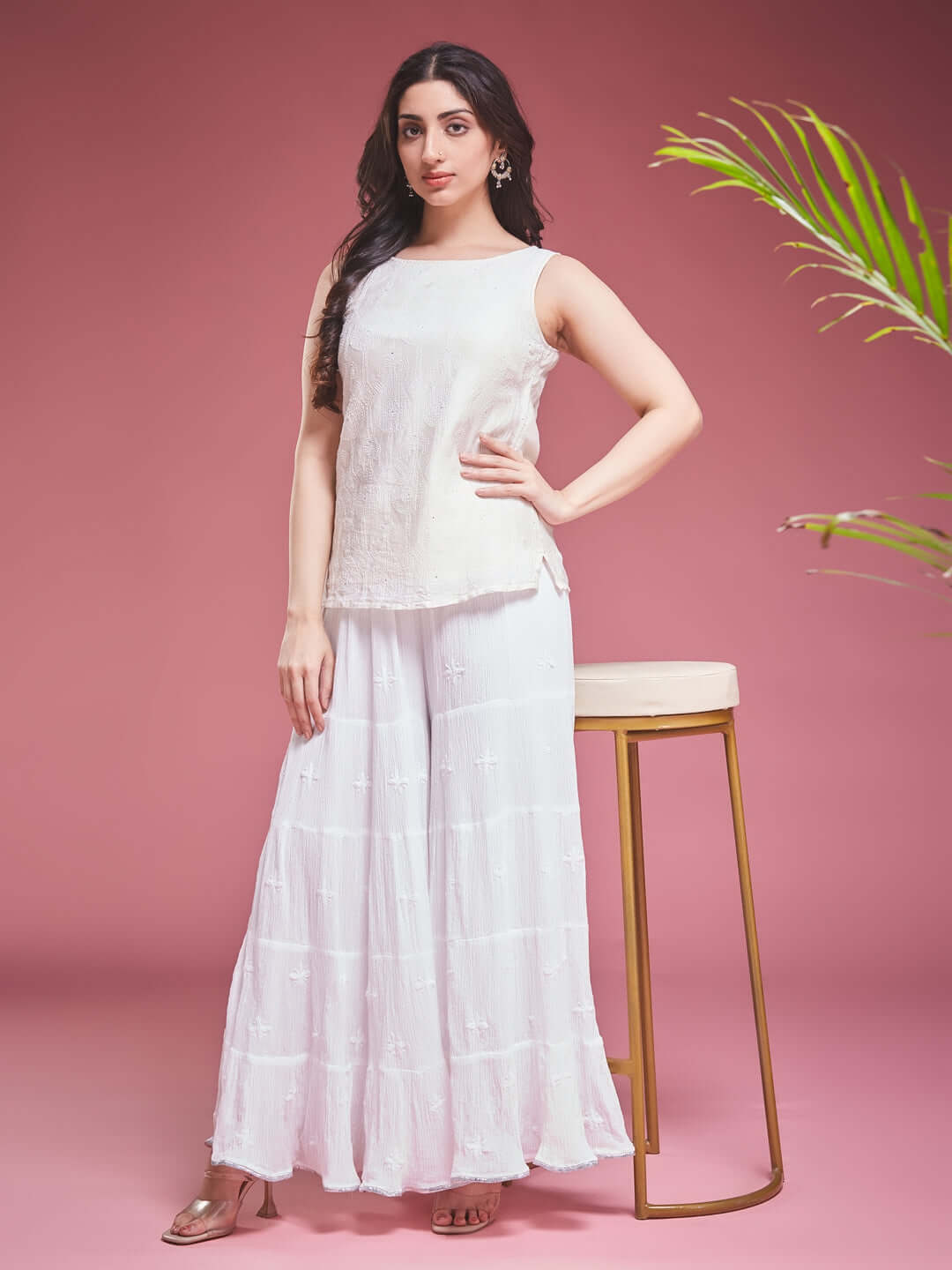 SAFINA Chikankari Crush Cotton Gharara White Freesize