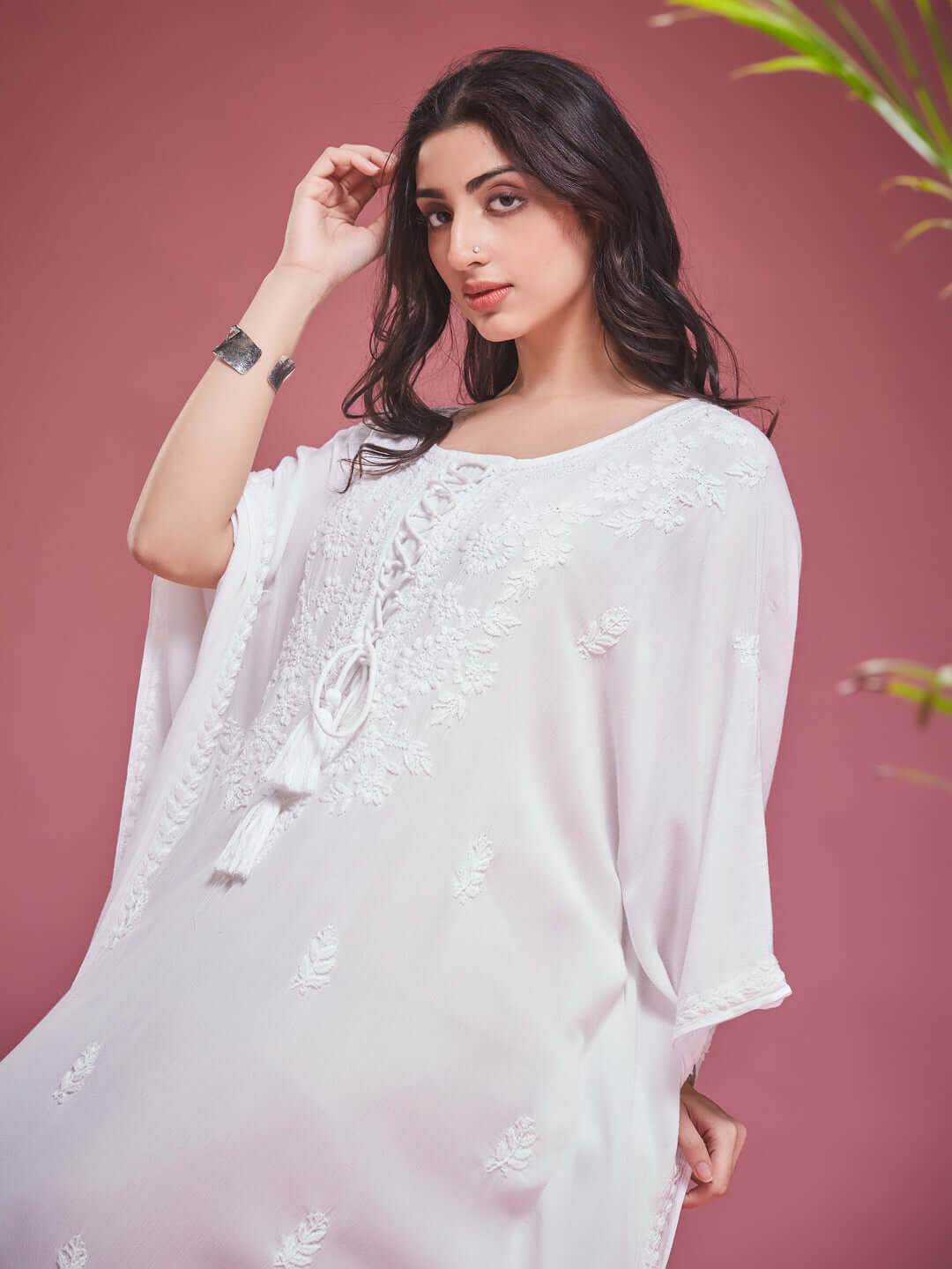SAHILI Chikankari White Rayon Kaftan - KRI CHIKANKARI