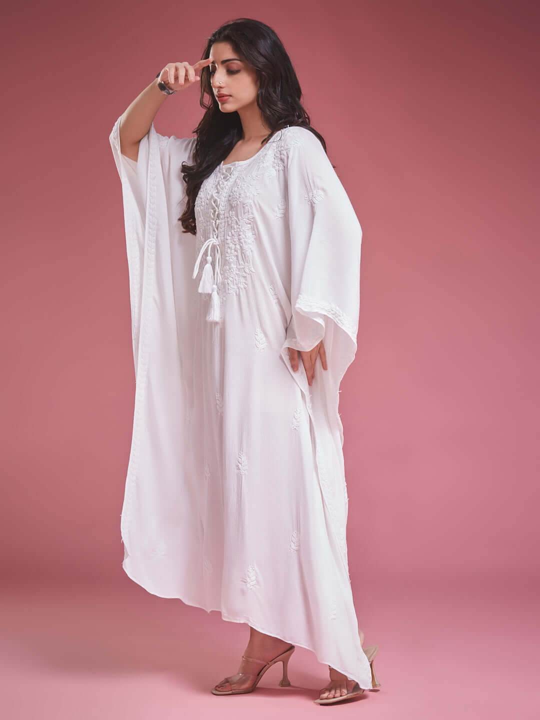 SAHILI Chikankari White Rayon Kaftan - KRI CHIKANKARI