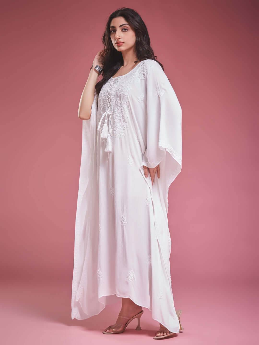 SAHILI Chikankari White Rayon Kaftan - KRI CHIKANKARI