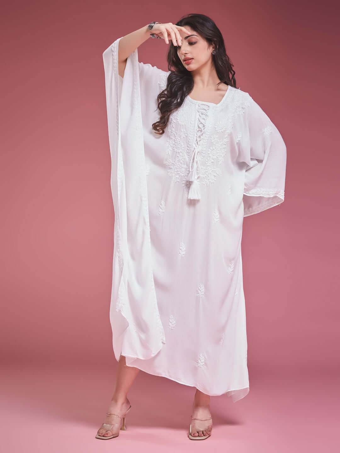 SAHILI Chikankari White Rayon Kaftan - KRI CHIKANKARI
