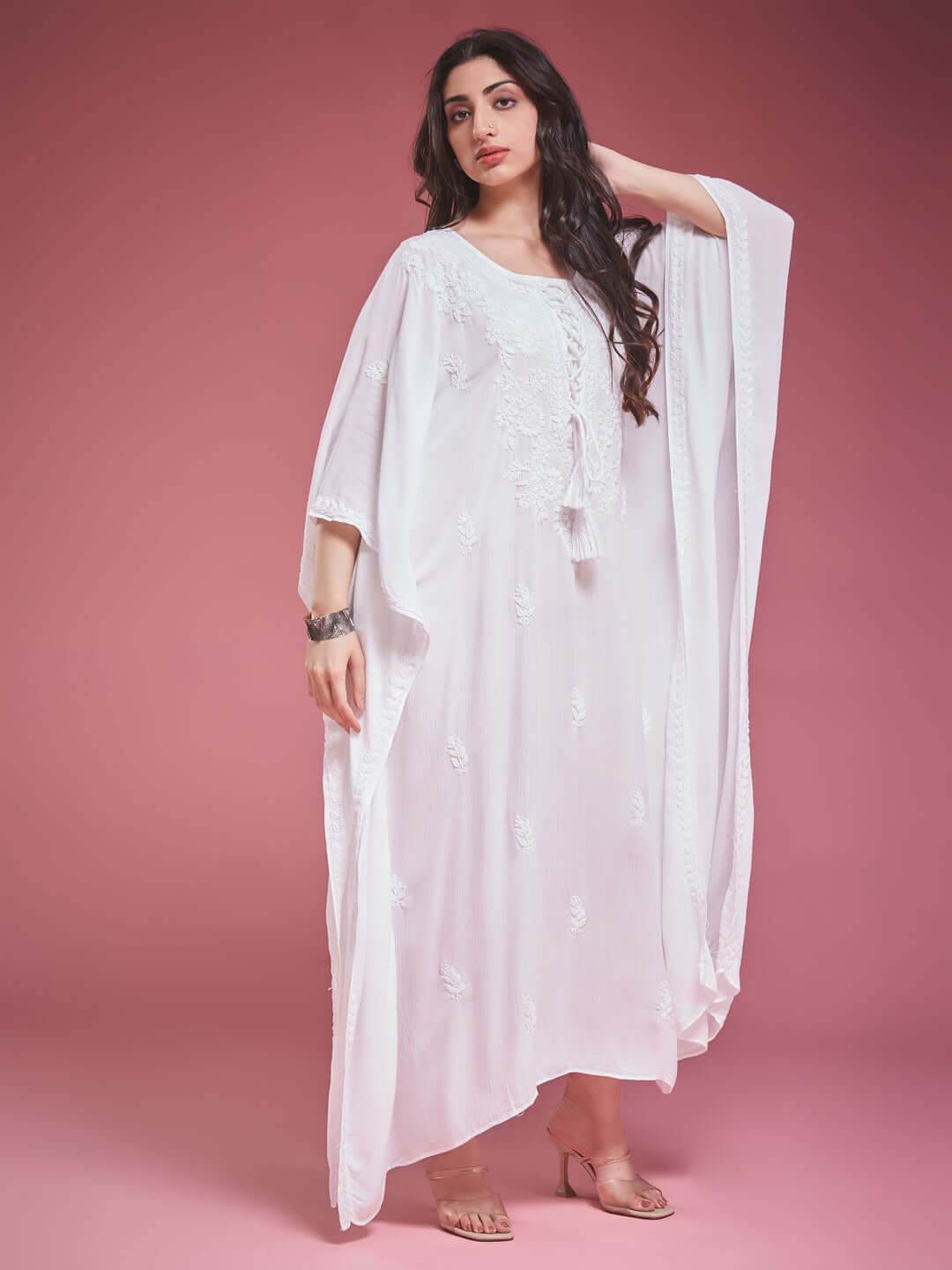 SAHILI Chikankari White Rayon Kaftan - KRI CHIKANKARI