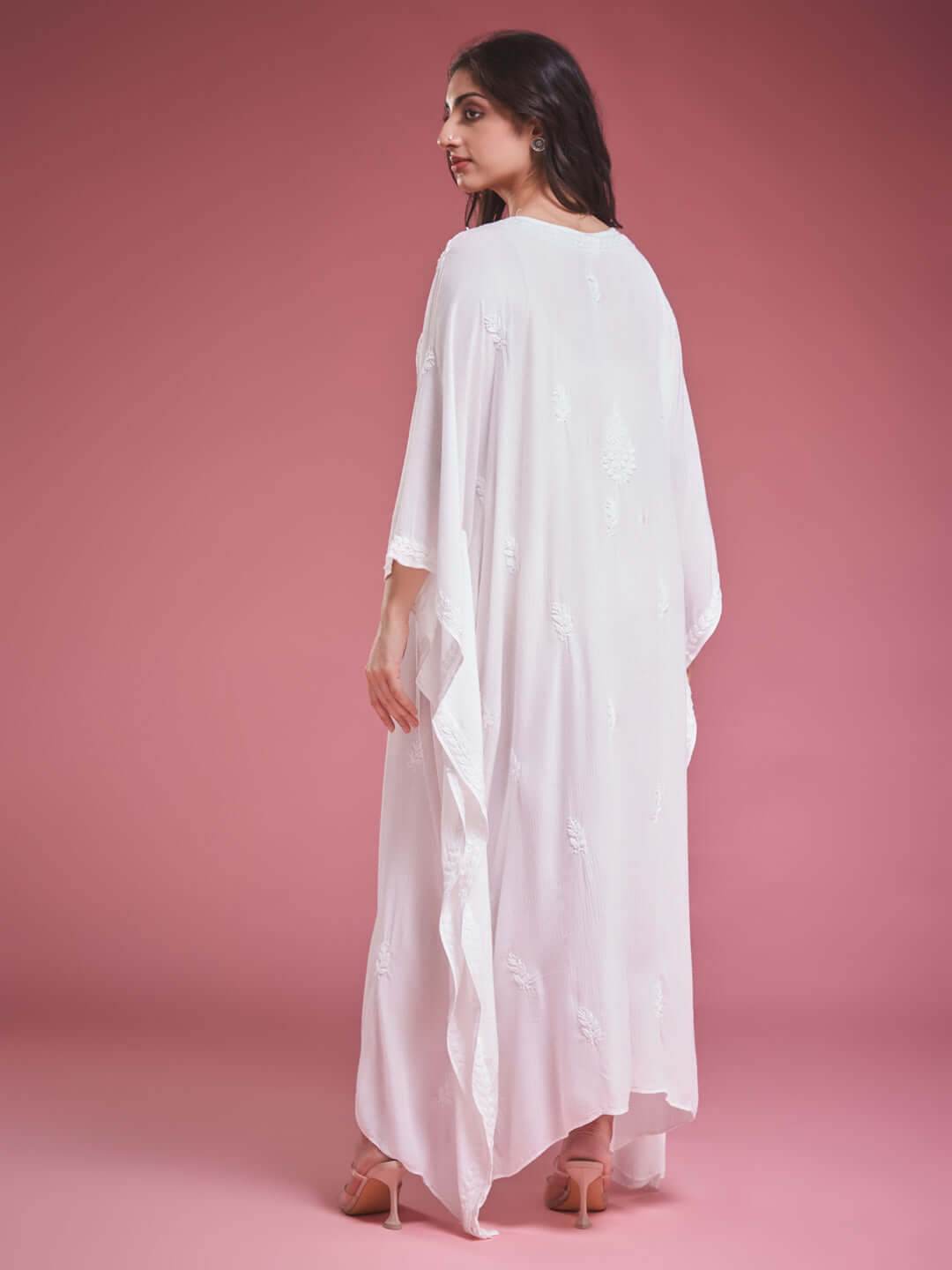 SAHILI Chikankari White Rayon Kaftan - KRI CHIKANKARI