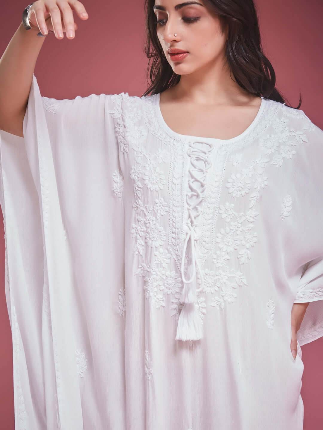SAHILI Chikankari White Rayon Kaftan - KRI CHIKANKARI