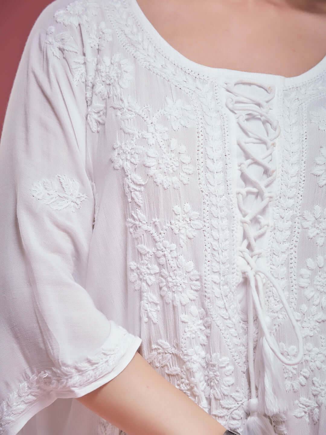 SAHILI Chikankari White Rayon Kaftan - KRI CHIKANKARI