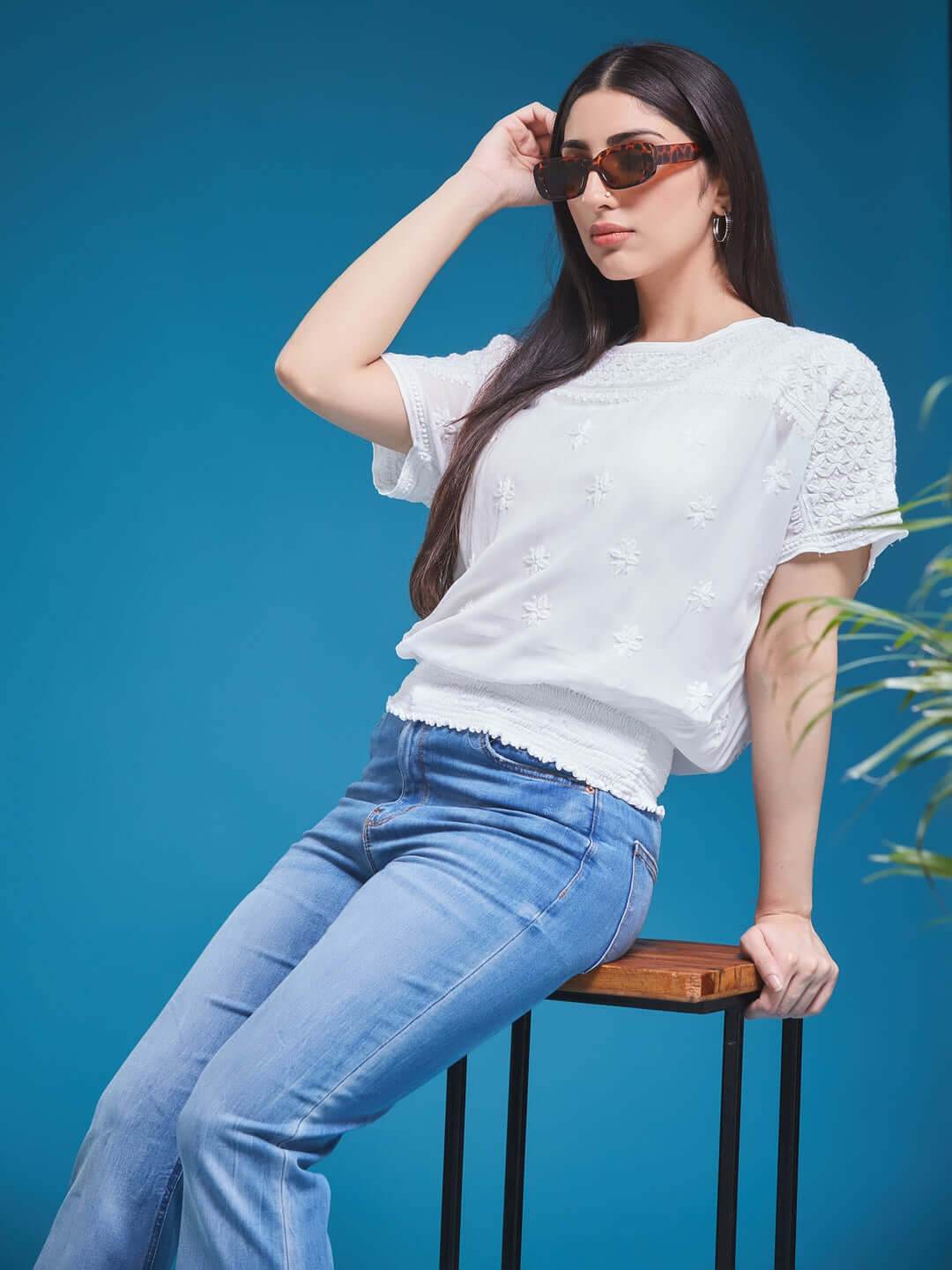 SAMAA Chikankari Smocking White Top - KRI CHIKANKARI