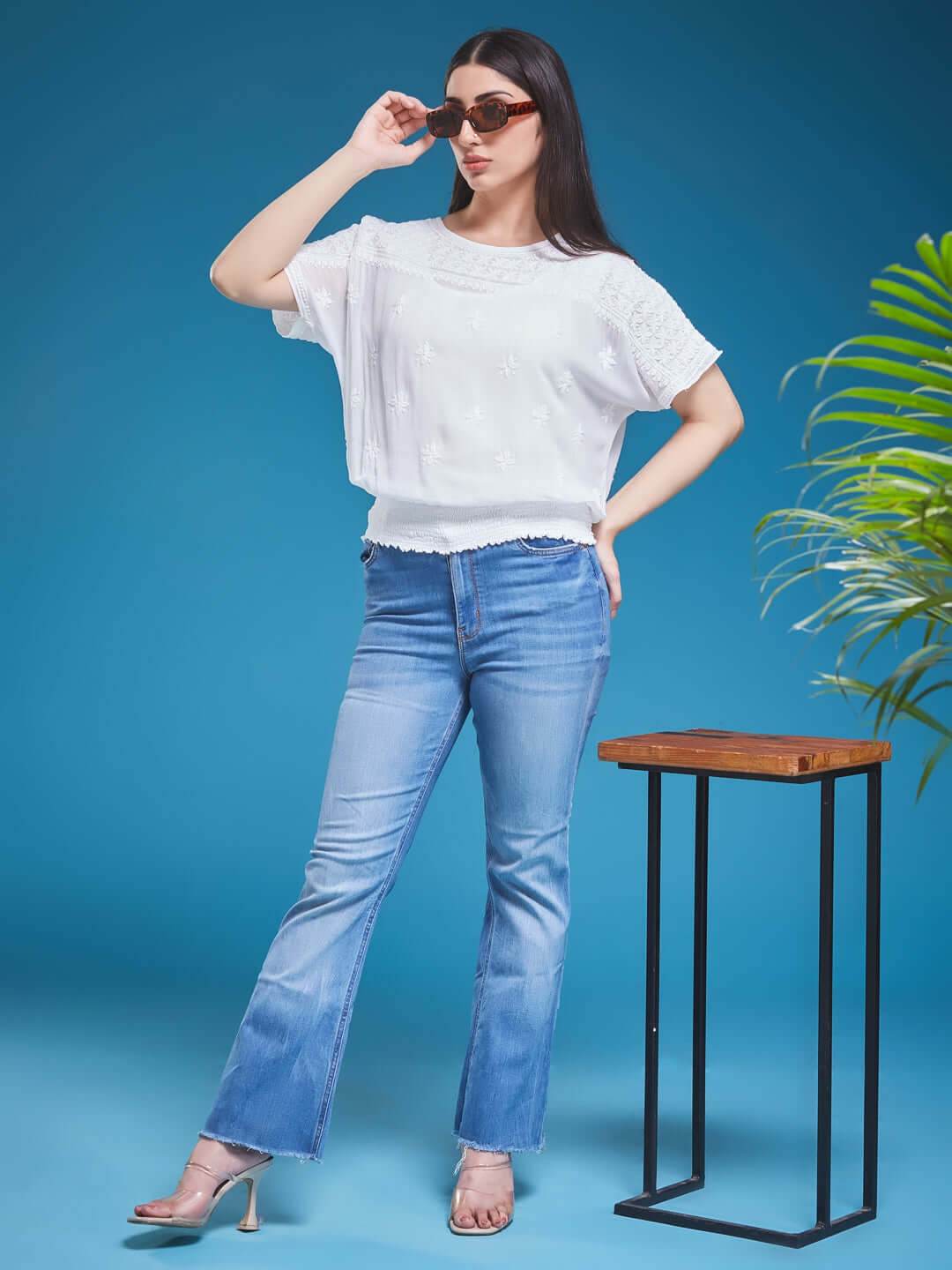 SAMAA Chikankari Smocking White Top - KRI CHIKANKARI