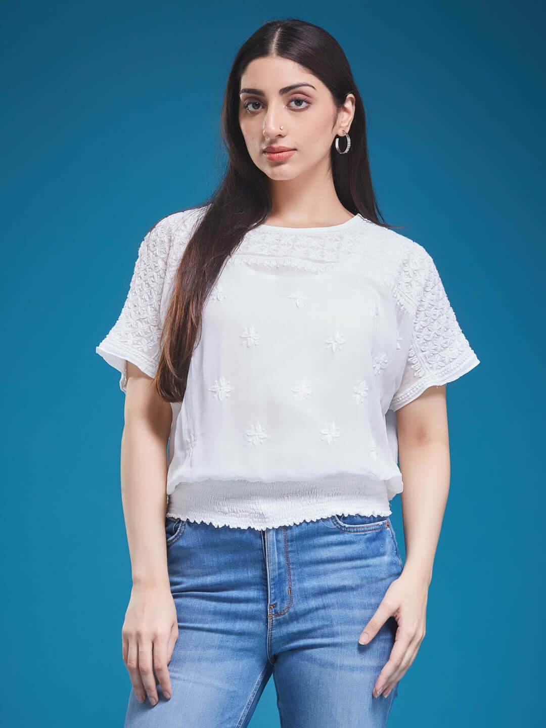 SAMAA Chikankari Smocking White Top - KRI CHIKANKARI