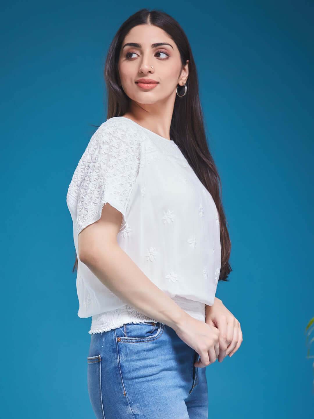 SAMAA Chikankari Smocking White Top - KRI CHIKANKARI