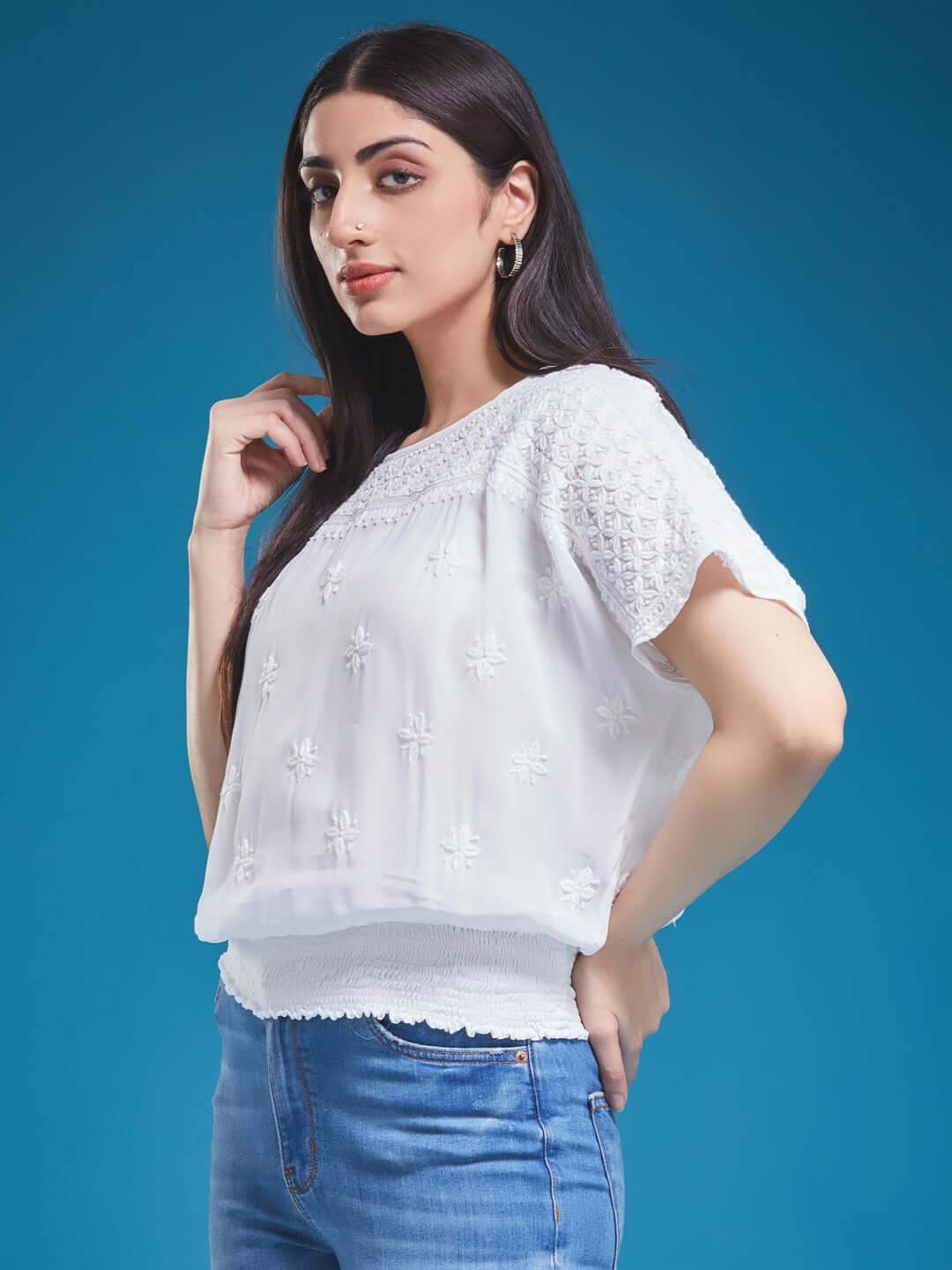 SAMAA Chikankari Smocking White Top - KRI CHIKANKARI