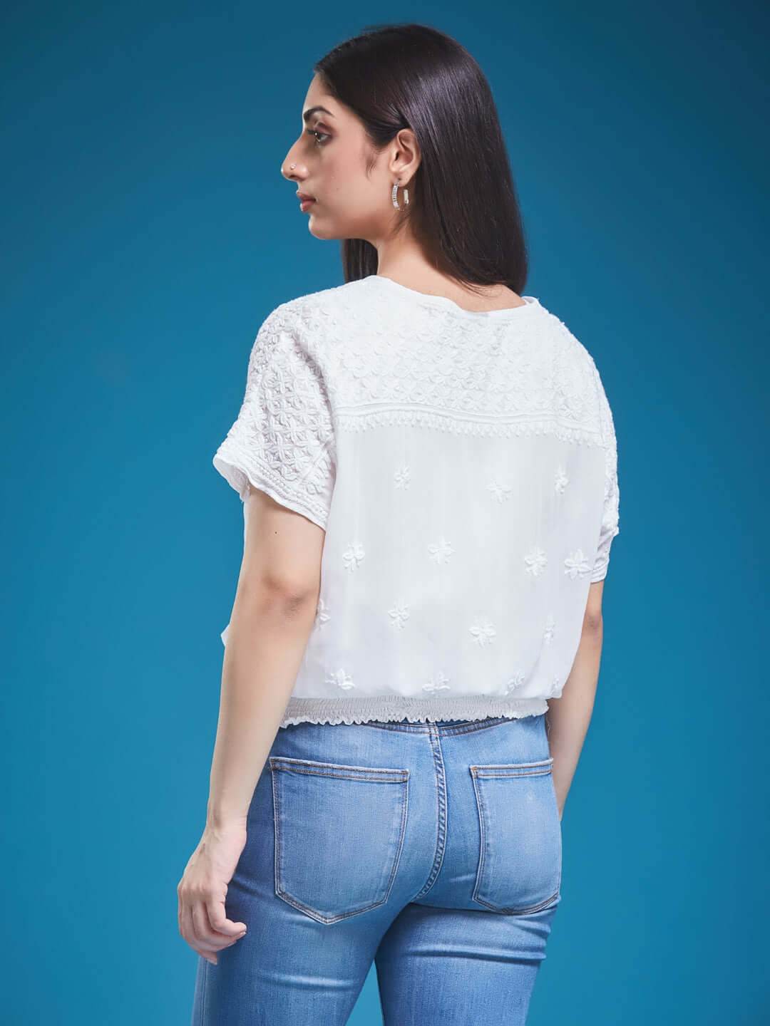 SAMAA Chikankari Smocking White Top - KRI CHIKANKARI