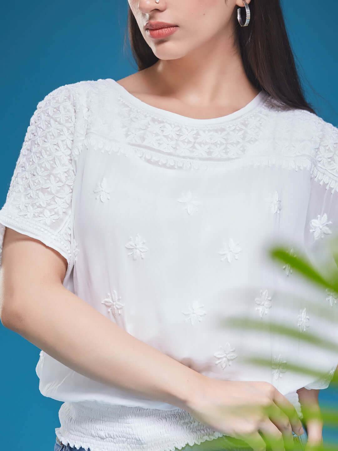 SAMAA Chikankari Smocking White Top - KRI CHIKANKARI