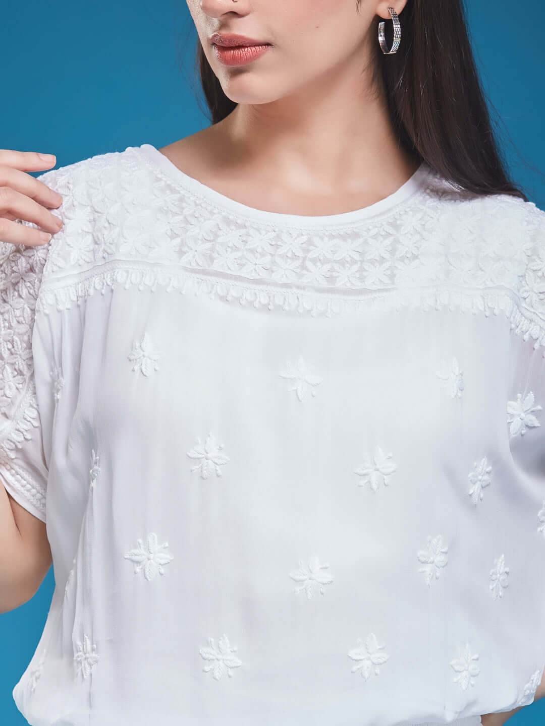 SAMAA Chikankari Smocking White Top - KRI CHIKANKARI