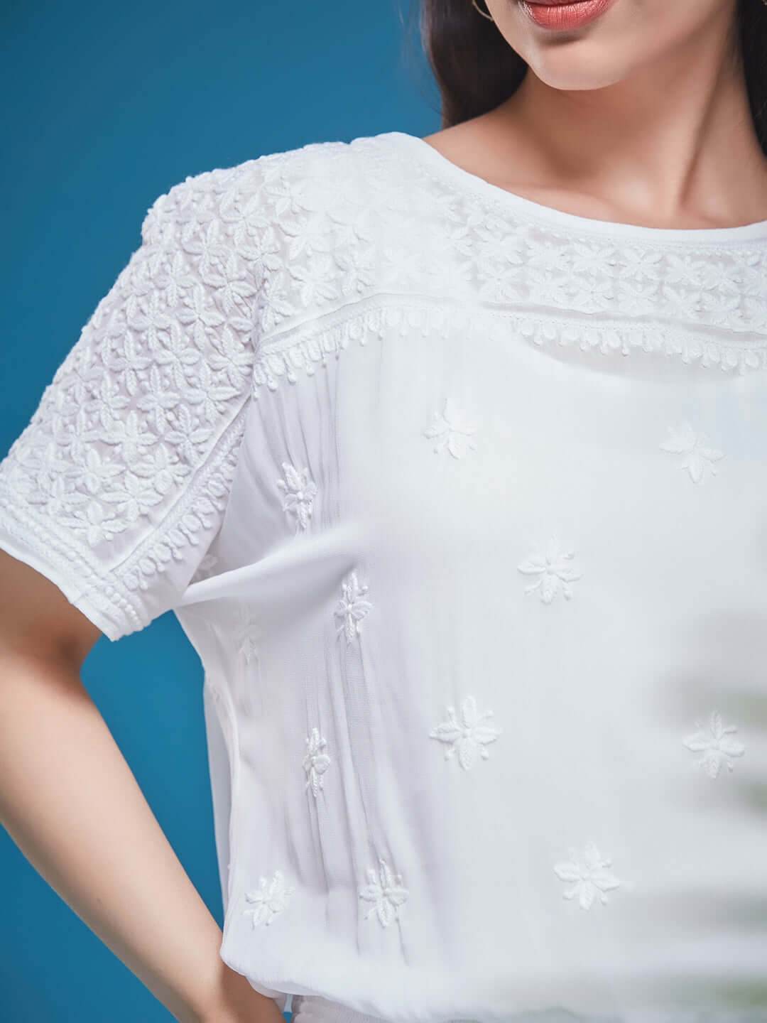 SAMAA Chikankari Smocking White Top - KRI CHIKANKARI