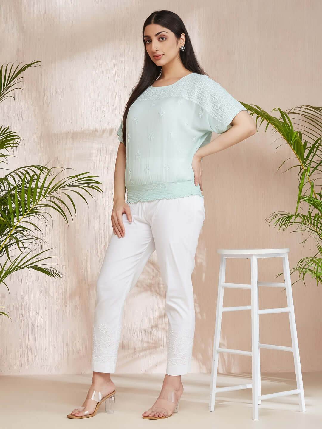SAMAA Chikankari Smocking Mint Green Top - KRI CHIKANKARI
