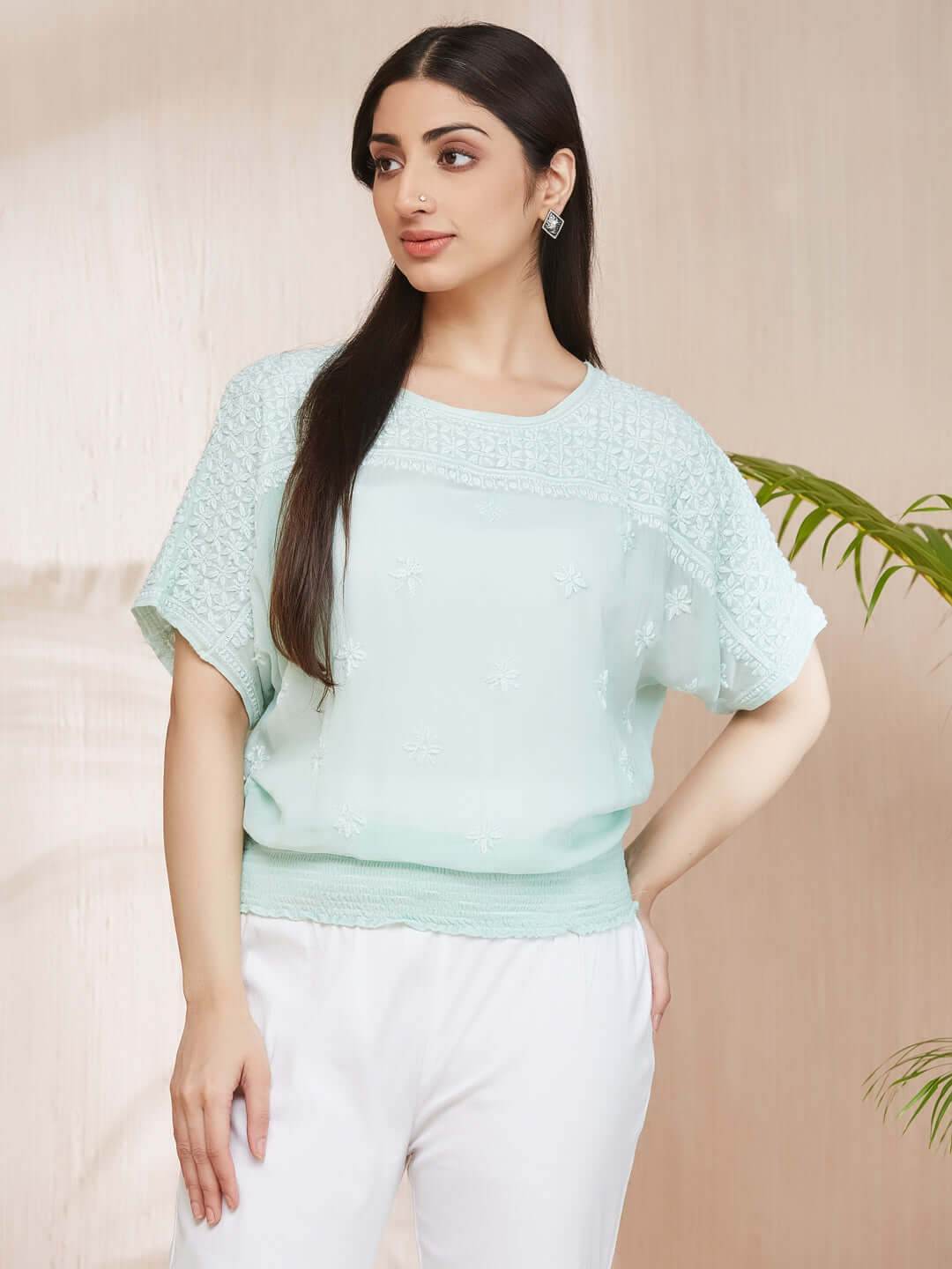 SAMAA Chikankari Smocking Mint Green Top - KRI CHIKANKARI