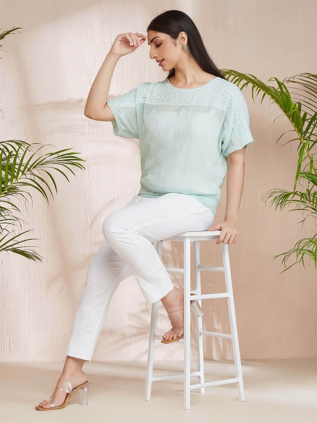 SAMAA Chikankari Smocking Mint Green Top - KRI CHIKANKARI