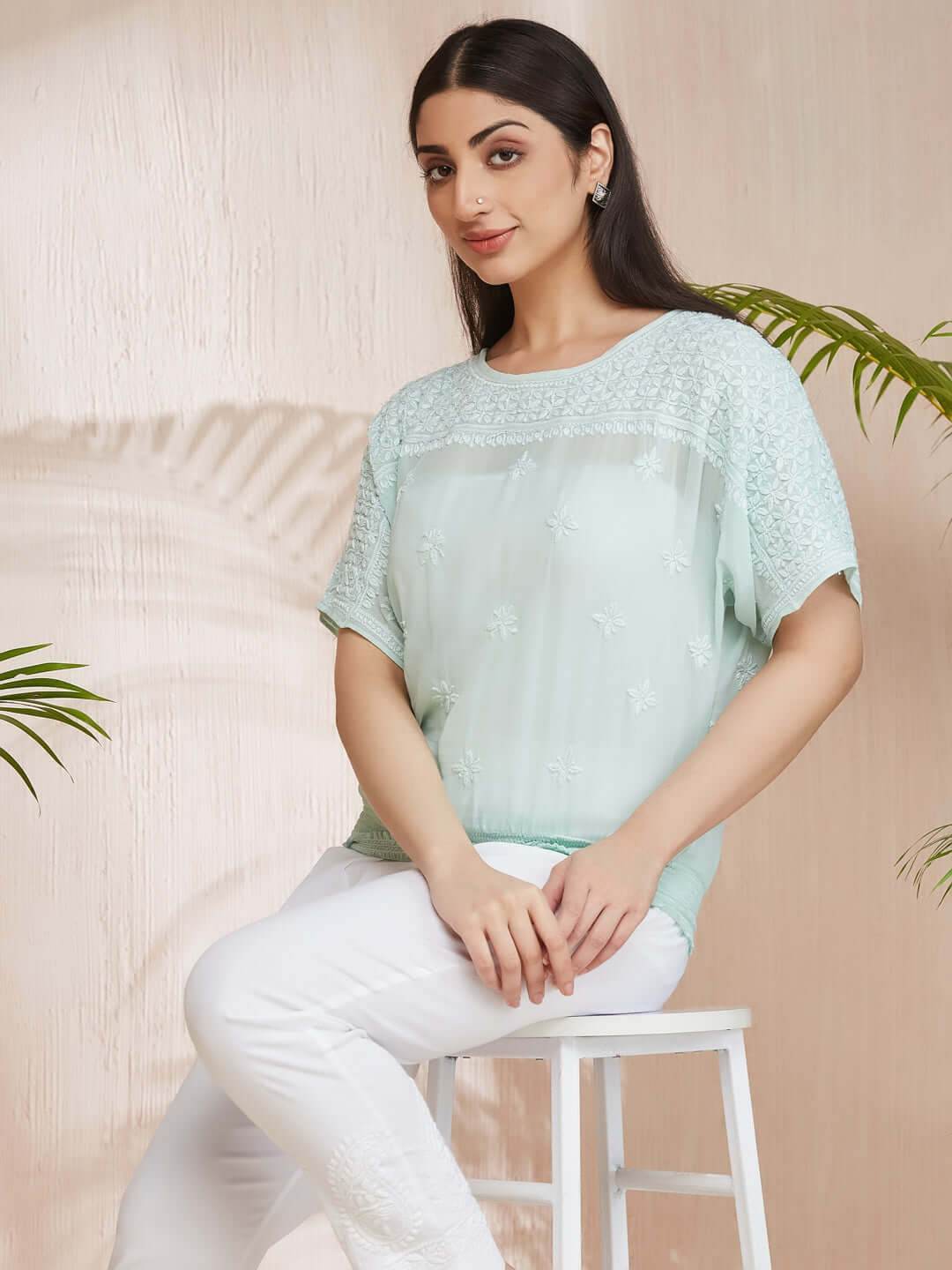 SAMAA Chikankari Smocking Mint Green Top - KRI CHIKANKARI