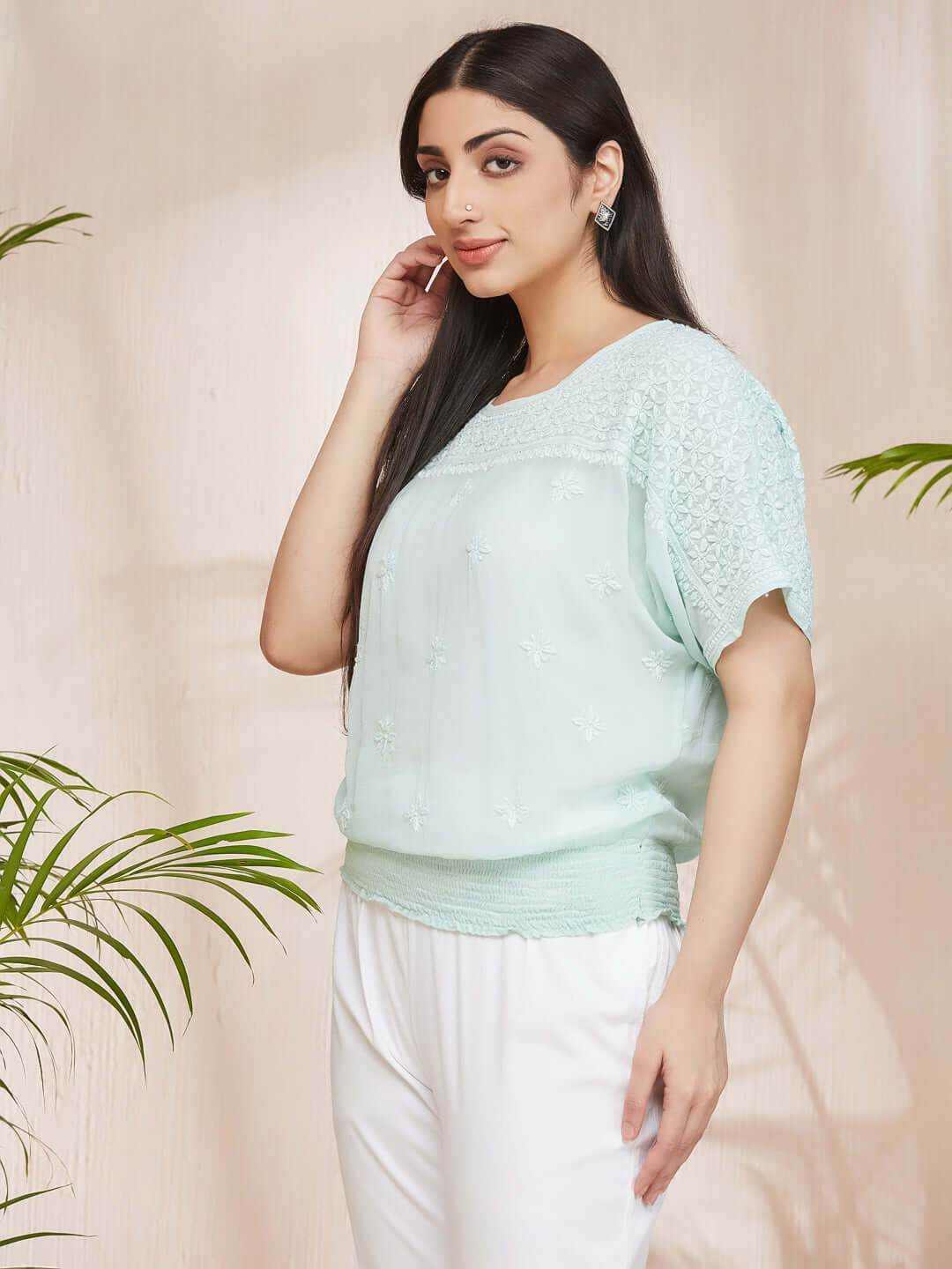 SAMAA Chikankari Smocking Mint Green Top - KRI CHIKANKARI