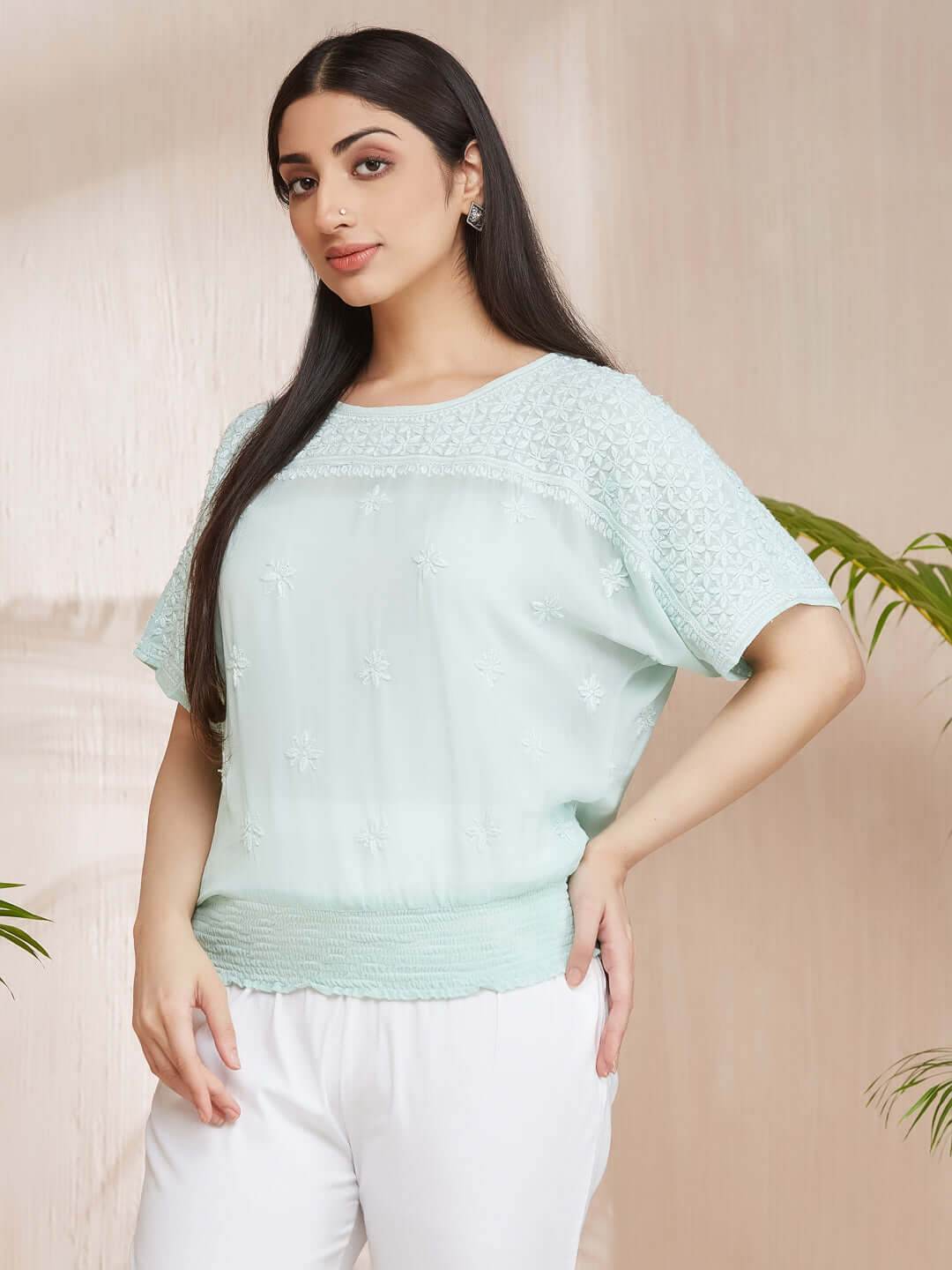 SAMAA Chikankari Smocking Mint Green Top - KRI CHIKANKARI